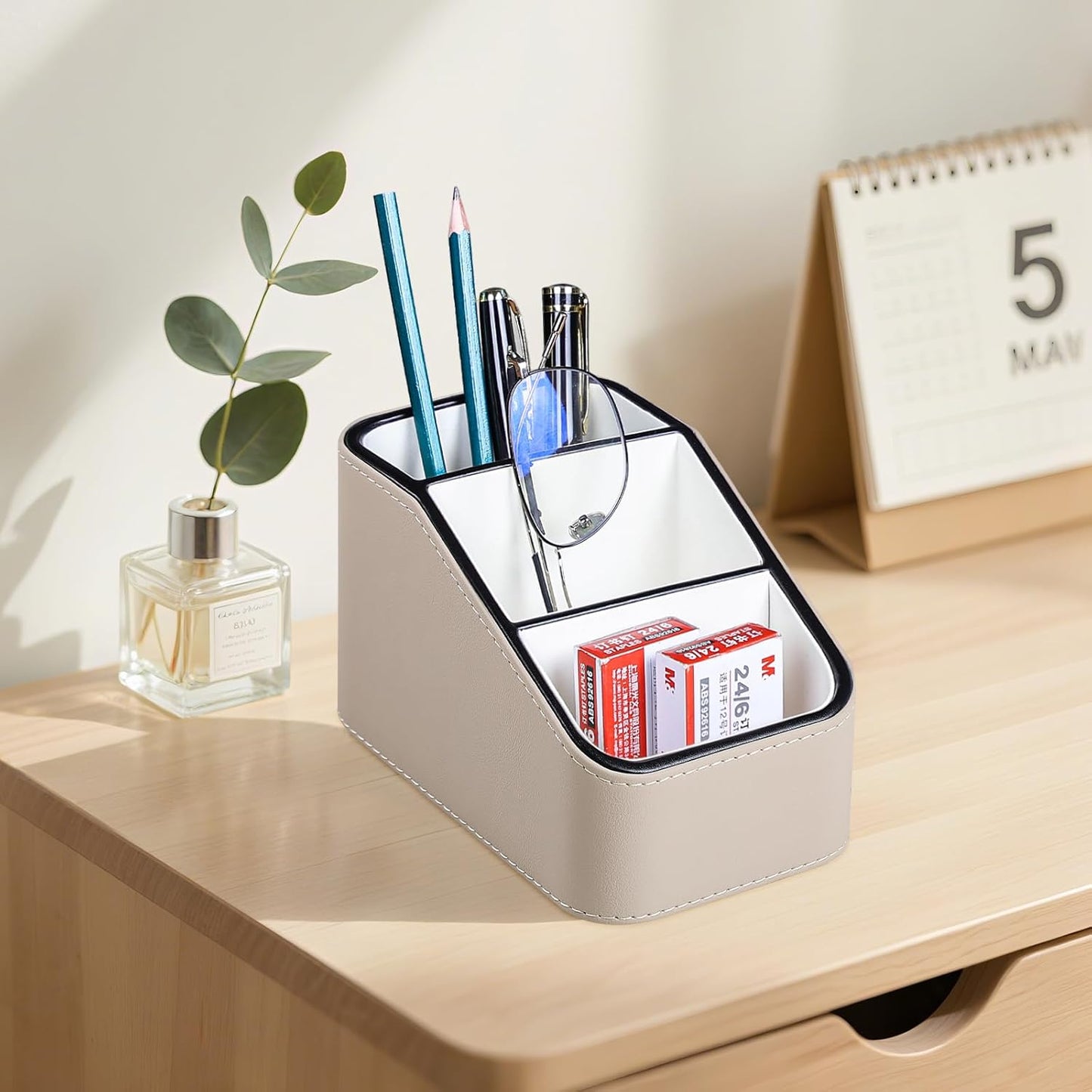 PU Leather Remote Control Holder, Small Desk Organizer Office Supply Bedside Caddy for Nightstand End Table Couch, Pen Remote Organizer with 3 Compartments (Beige)