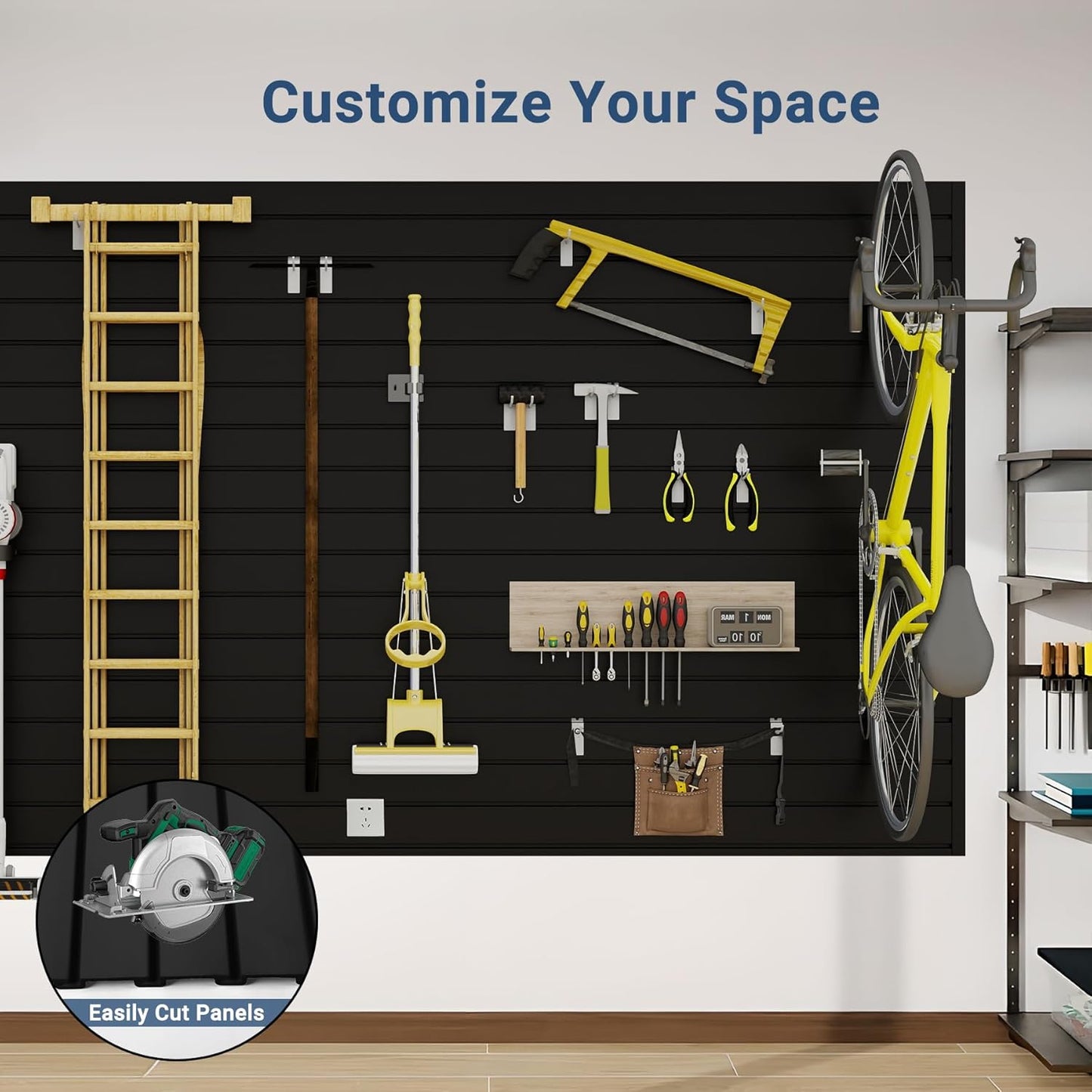 Slatwall Panel 8 FT x 4 FT, Interlocking Slat Wall Paneling, Wall Mounted PVC Wallpanel, Suitable for Garage Storage and Organizer, Slatwall Board, Shelves - Black