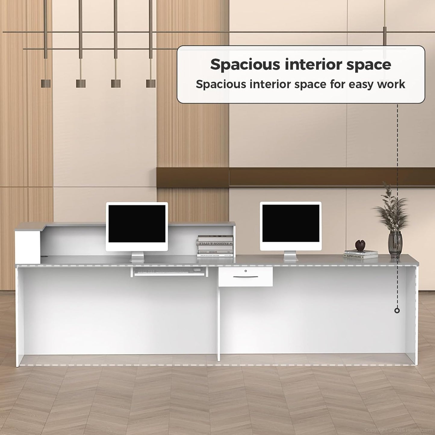 L Shape Reception Desk with Counter, Lockable Drawer, Keyboard Tray, and Double-Layer Storage for Salon, Office, or Clinic(White+Gray/Left, 63" L*24" W*39" H)