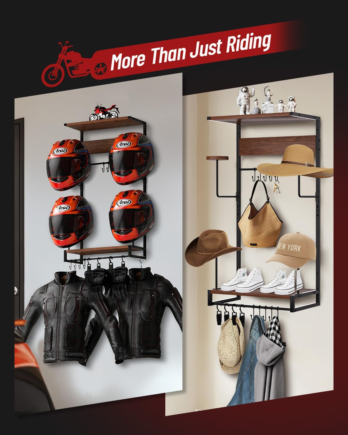 Vieshful Motorcycle Helmet Holder Wall Mount, Helmet Organize Rack with 2 Layer Wooden Boards and 4 Hat Stands,Helmet Hanger for Motorcycle Accesories Storage with 4 Glove Chips and 10 hooks