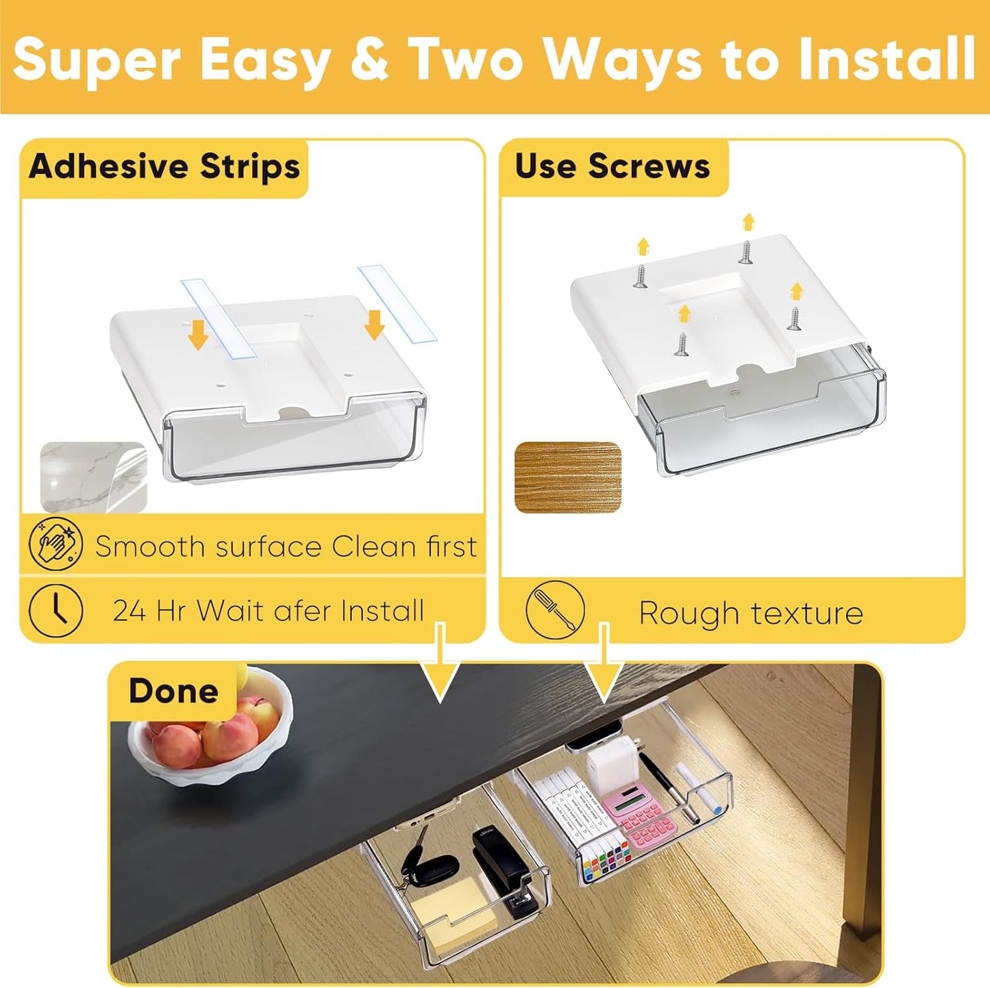 2 Pack Under Desk Hanging Drawer Slide Pull Out, Attachable Clear Acrylic Storage Tray, Easy Hidden Self Adhesive Mount Cabinet Shelf Holder for Tables, Home & Office, Counters, Workstation