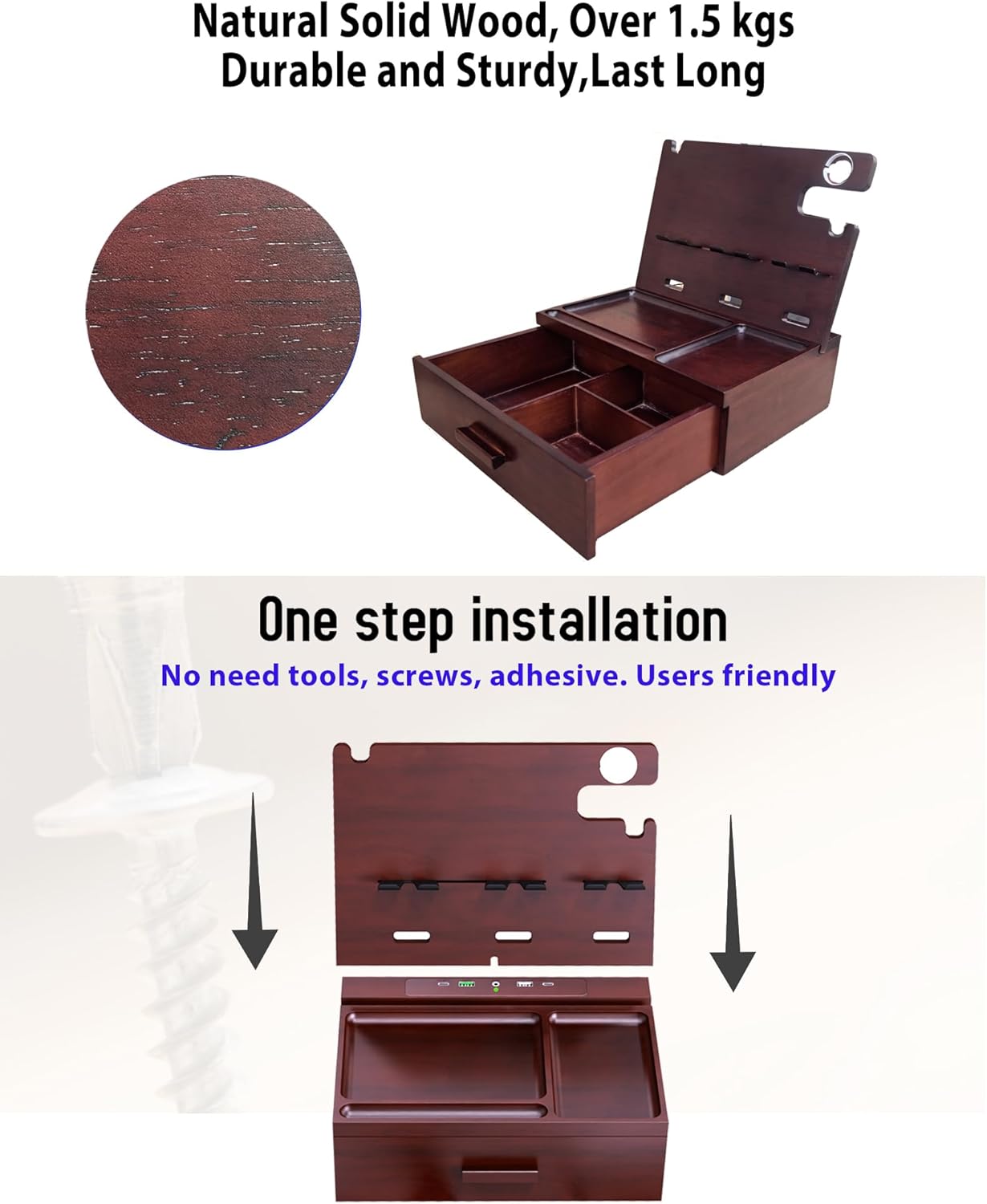 Wood Phone Docking Station with Drawer Nightstand Organizer Charging Station with 4 USB Charger Fast Charging for Dual Phone Apple Android Phones Anniversary Birthday Gifts for Men Dad Hunsband Mom