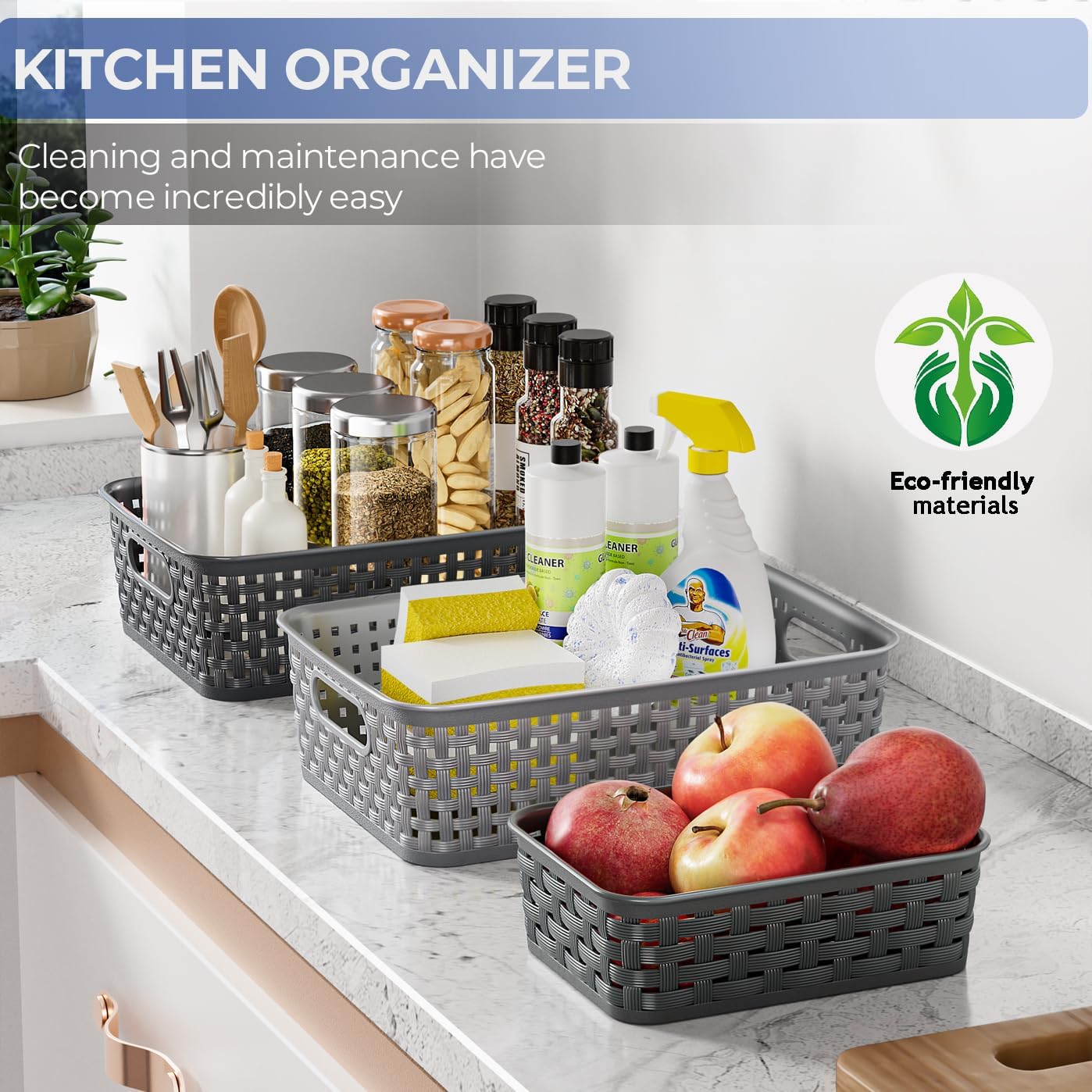 3 Pack Small Plastic Basket, Storage Bin Baskets for Organizing, Pantry Organizer Household Wicker Storage for Laundry Room, Bedrooms, Kitchens, Cabinets, Countertops, Dark Gray