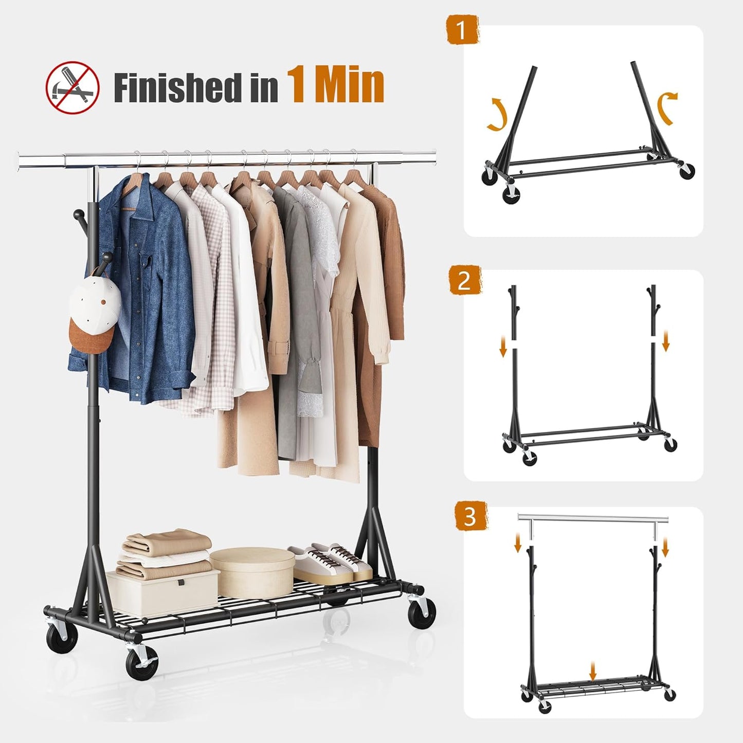 Garment Rack Load 530lbs,Heavy Duty Rolling Clothes Rack With Sturdy Wheel And Shelves, Adjustable Portable Hanging Rack For Clothes, Chrome Stainless Steel, Black