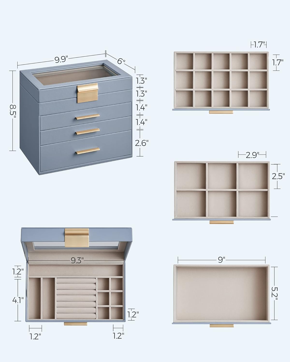SONGMICS Jewelry Box Organizer with Glass Lid, 4-Layer Jewelry Storage, with 3 Drawers, Modern Style, Christmas Gift, 6 x 9.9 x 8.5 Inches, Smoky Blue and Gold Color UJBC161Q01