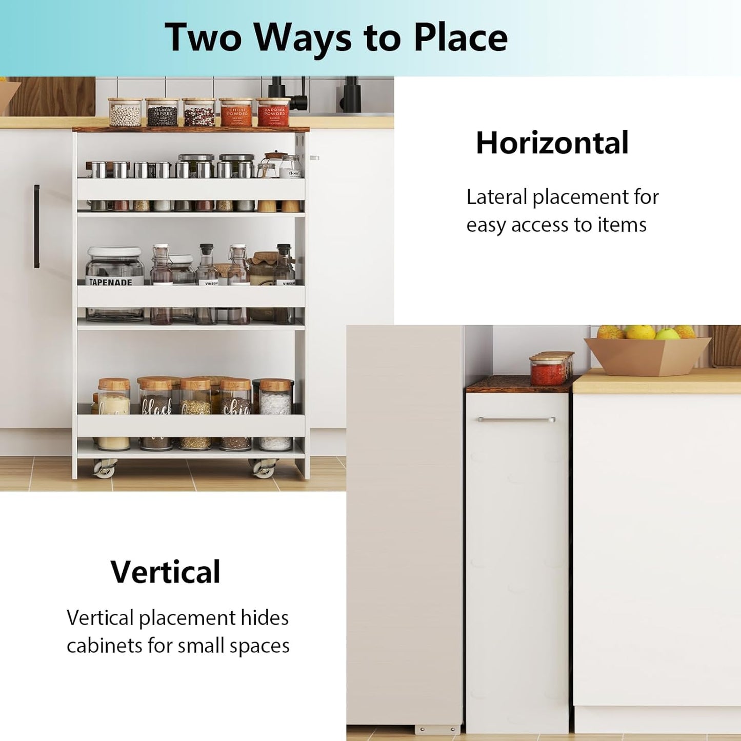POWERSTONE 4-Tier Slim Storage Cart, Narrow Kitchen Rolling Cart w/Handle & Open Shelves, Skinny Slide Out Utility Organizer Trolley for Kitchen Bathroom Laundry Small Spaces White & Rustic Brown