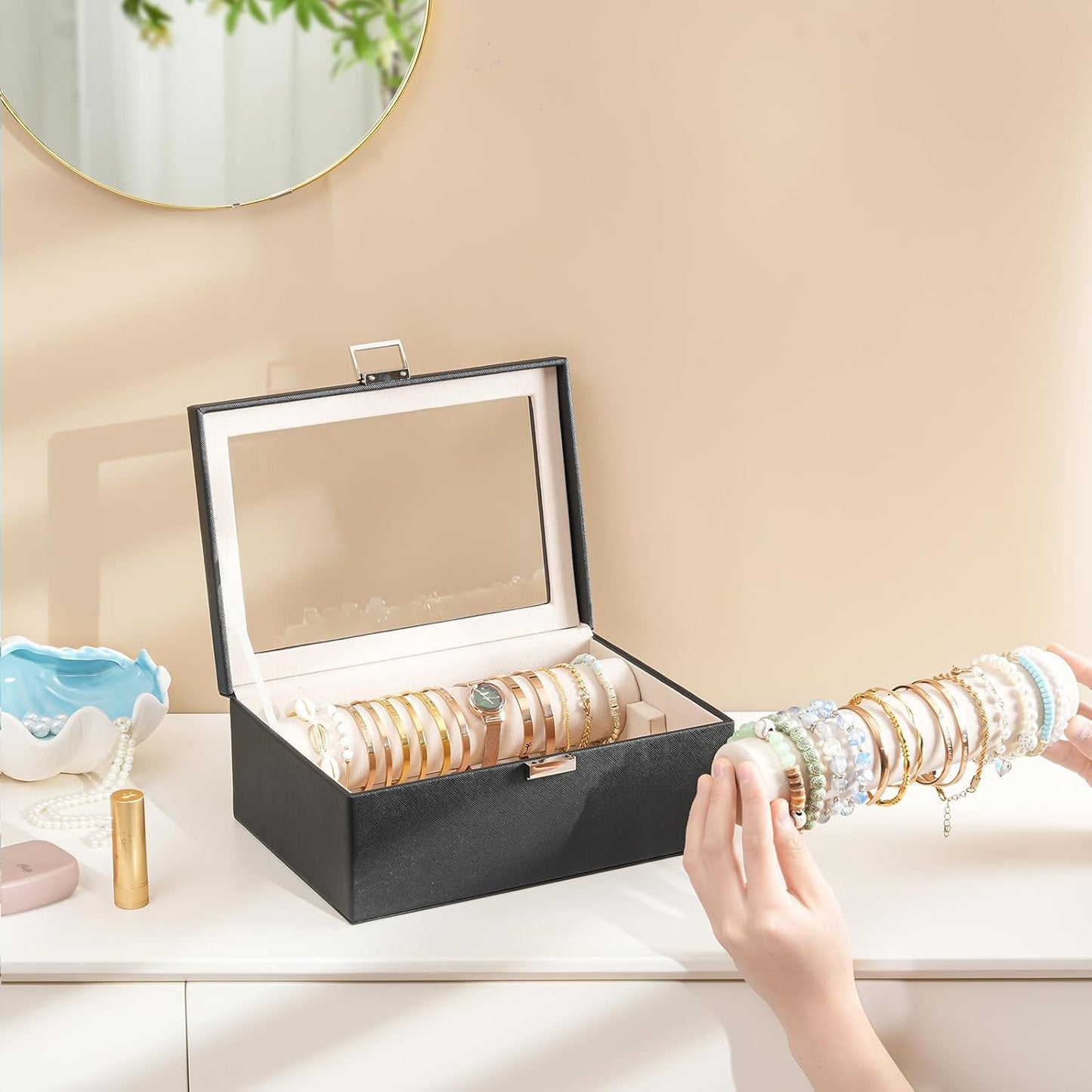 Lolalet Bracelet Display Holder with Rods for Bangles Watches, Clear Lid Jewelry Organizer Box Storage Case for Women Girls -Black