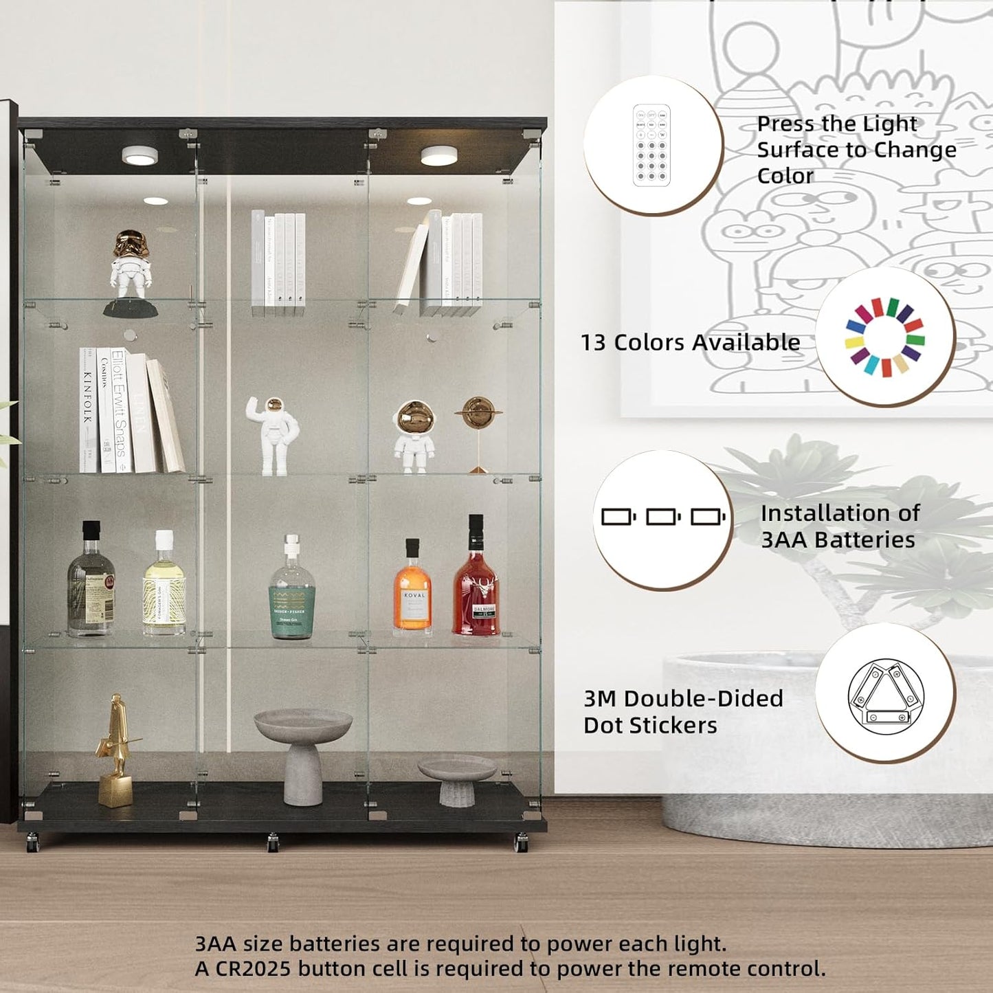 Beauty4U Glass Display Cabinet with LED Lights, Extra Large 3 Columns 2 Doors Curio Cabinets with 12 Shelves for Living Room, Bedroom, Office, Black Floor Standing DIY Glass Bookshelf