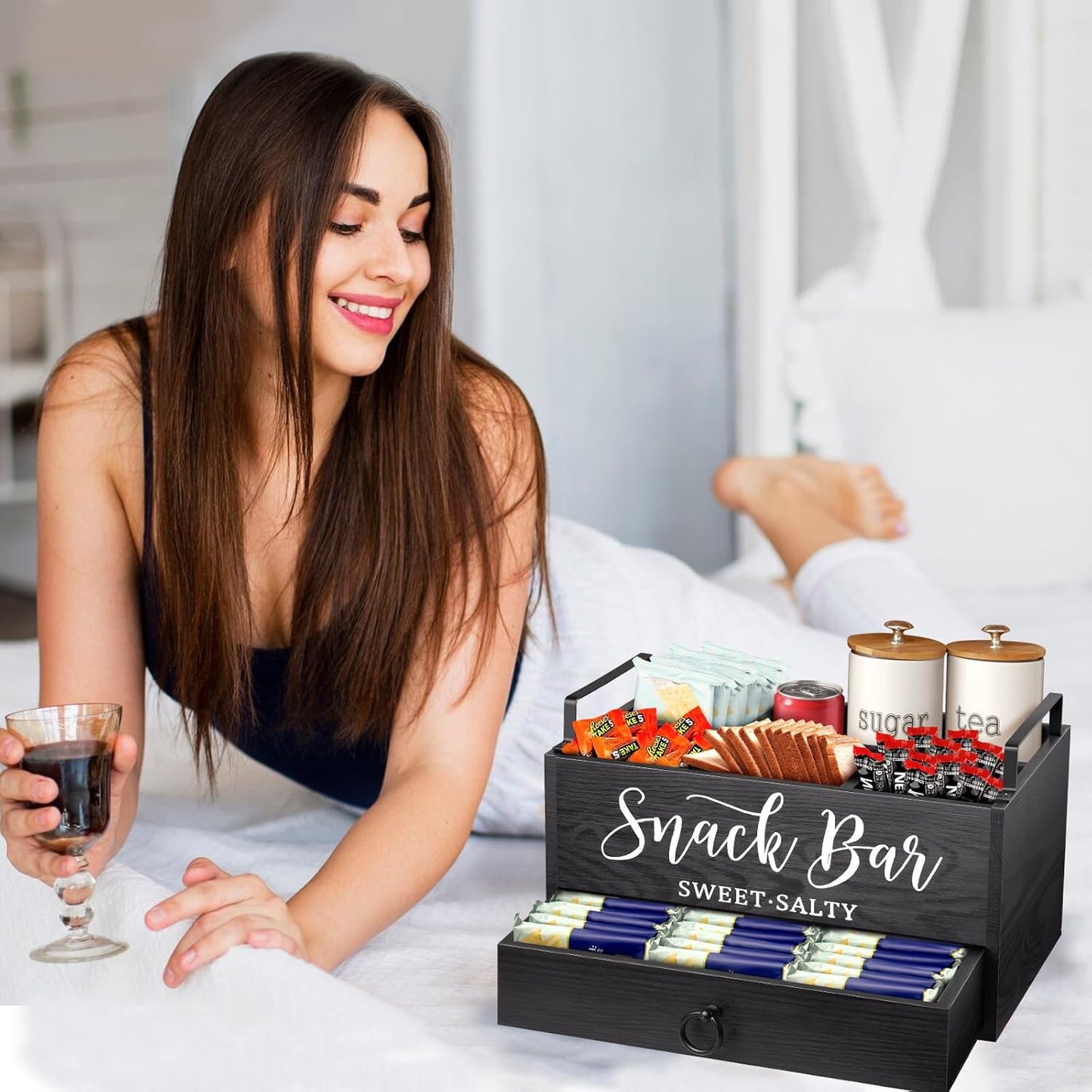Snack Organizer for Countertop, Wood Snack Basket Snack Tray with Handles, 5 Compartment Pantry Storage Bins with Drawer, Food Container Snack Box for Snacks, Chips, Packets