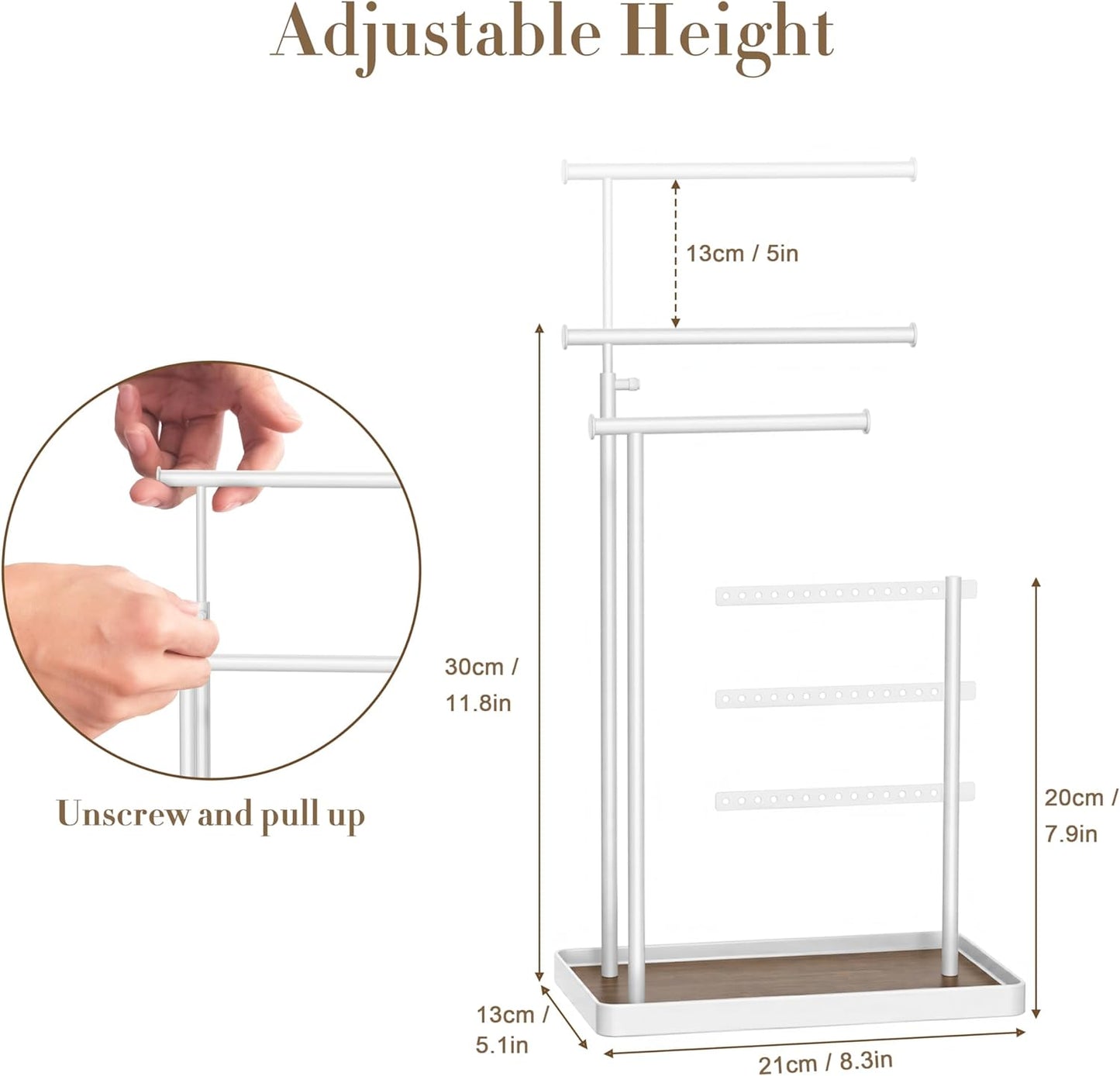 Jewelry Holder Organizer Stand - Adjustable Tall 17.5" (Max), Sturdy Jewelry Hanger for Necklaces, Earrings, Bracelets, Rings, Jewlery Display and Storage, White, Metal