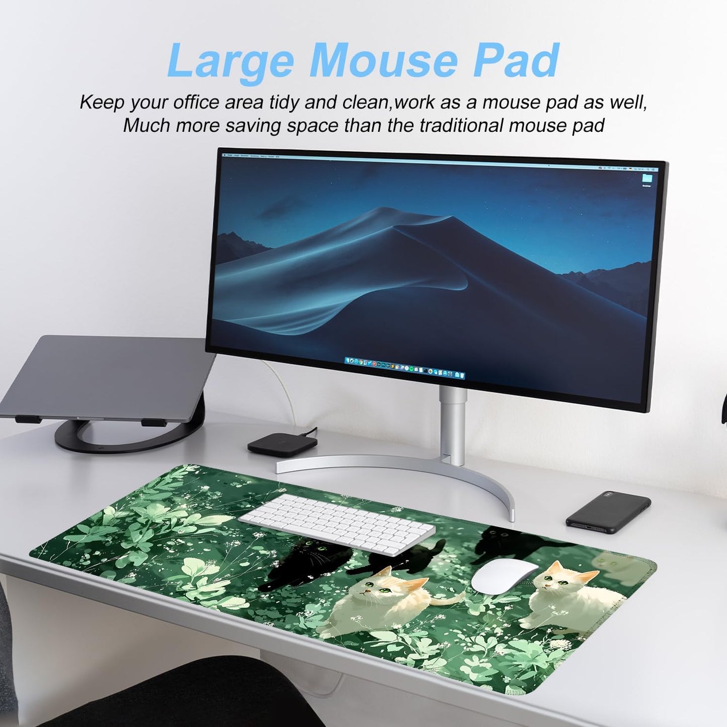 Cute Cat Mouse Pad Large Gaming Desk Mat - Kawaii Black and White Cats in Green Forest, Extended XL Mousepad with Non-Slip Rubber Base for Office, Home, PC, Laptop