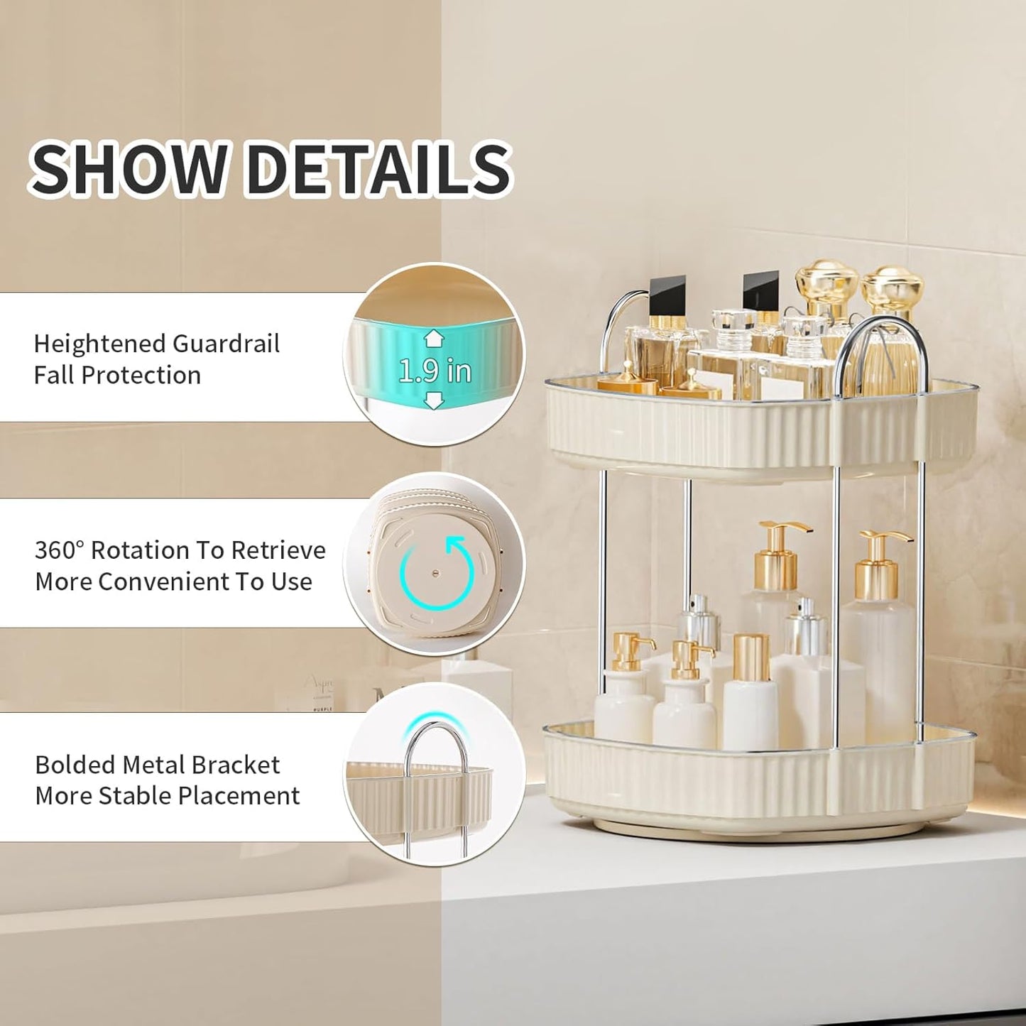 YCIA&DONE 360 Rotating Makeup Organizer for Vanity, 2 Tiers New Square Shaped Cosmetics Skincare Bathroom Organizers Countertop, Perfume Stand Counter Tray, Warm White