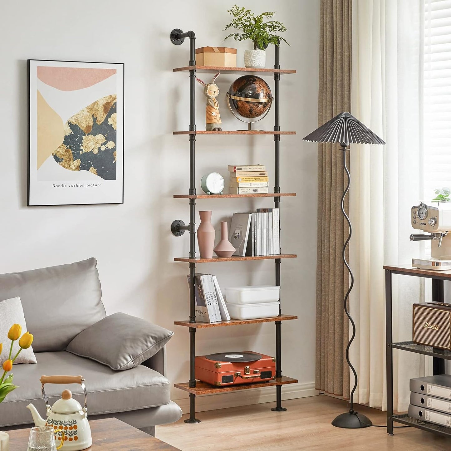 YMYNY Industrial Pipe Ladder Shelf, 6-Tier Wall Mounted Bookcase with Metal Frame, 78.7" Open Bookshelf, Multifunctional Storage Rack for Home Office, Living Room, Plant Stand, Rustic Brown, RF-TM018