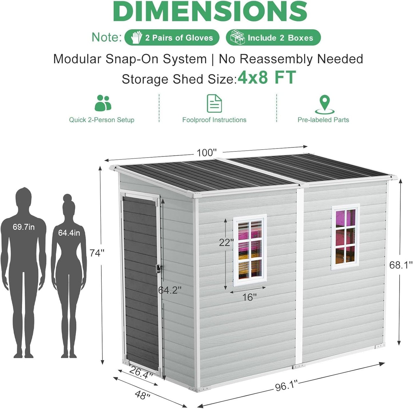 4x8 FT Plastic Storage Sheds Outdoor with Floor and Openable Window, Lean to Resin Shed Easy to Install, Compact Sheds & Outdoor Storage/Tool Shed for Garden & Backyard, Gray