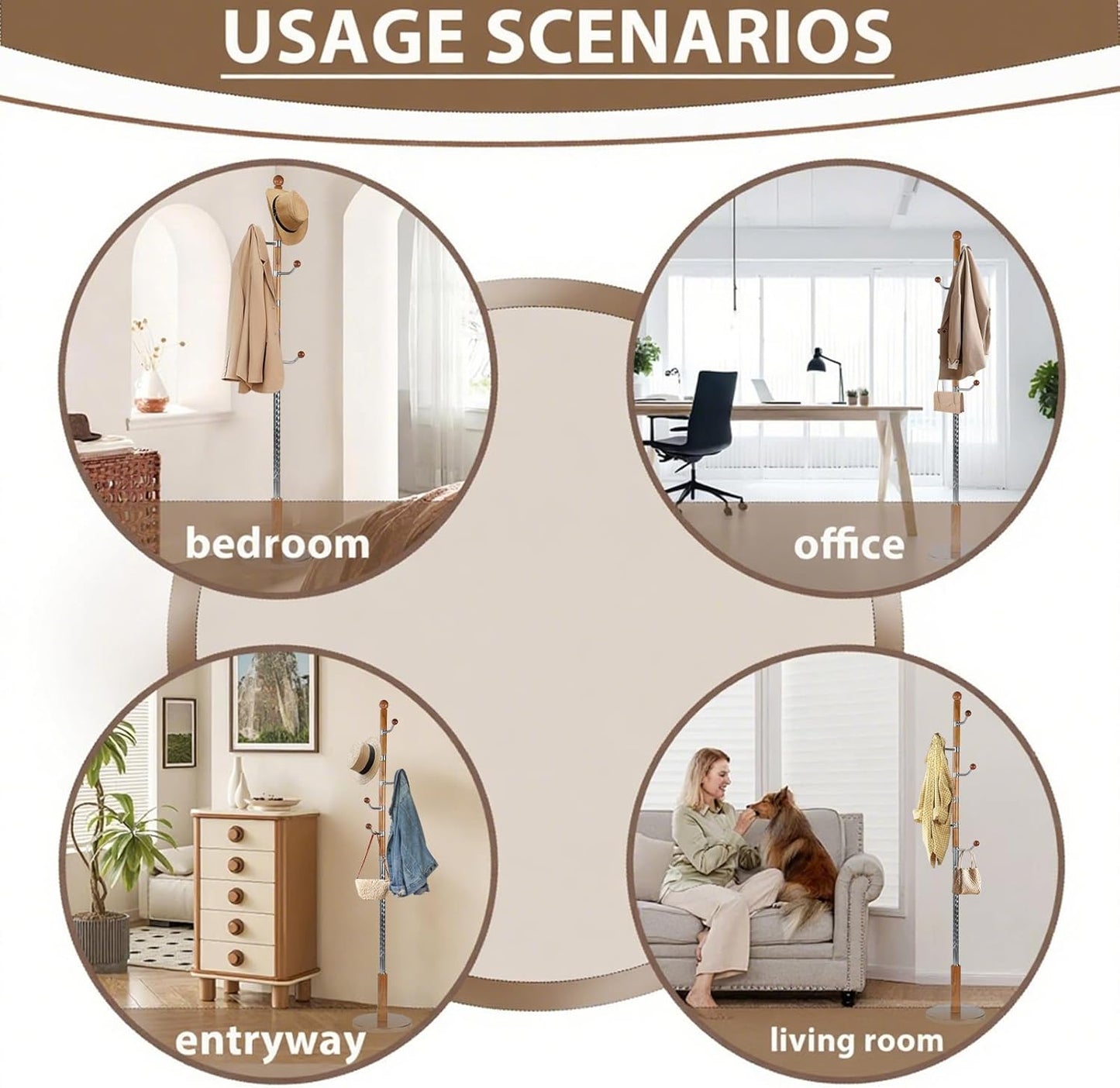 Solid Wooden Coat Rack Stand, Coat Racks Freestanding with 6 Hooks, Natural Birch Wood Coat stands with Sturdy Round Base, Tree Coat Hanger Standing for Entryway Bedroom Office (Cherry)