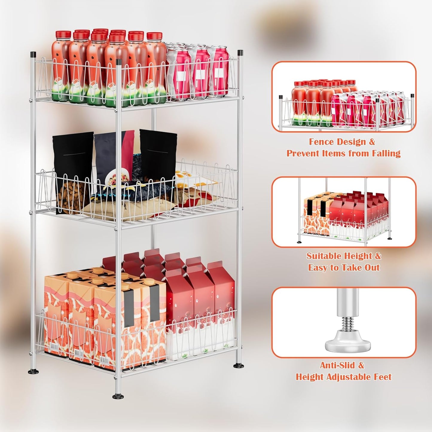ETELI Water Bottle Storage Organizer 3 Tier Freestanding Water Bottle Holder Rack Stand Metal Drink Soda Can Organizer Beverage Shelf for Floor Pantry Kitchen Food Storage, Silver