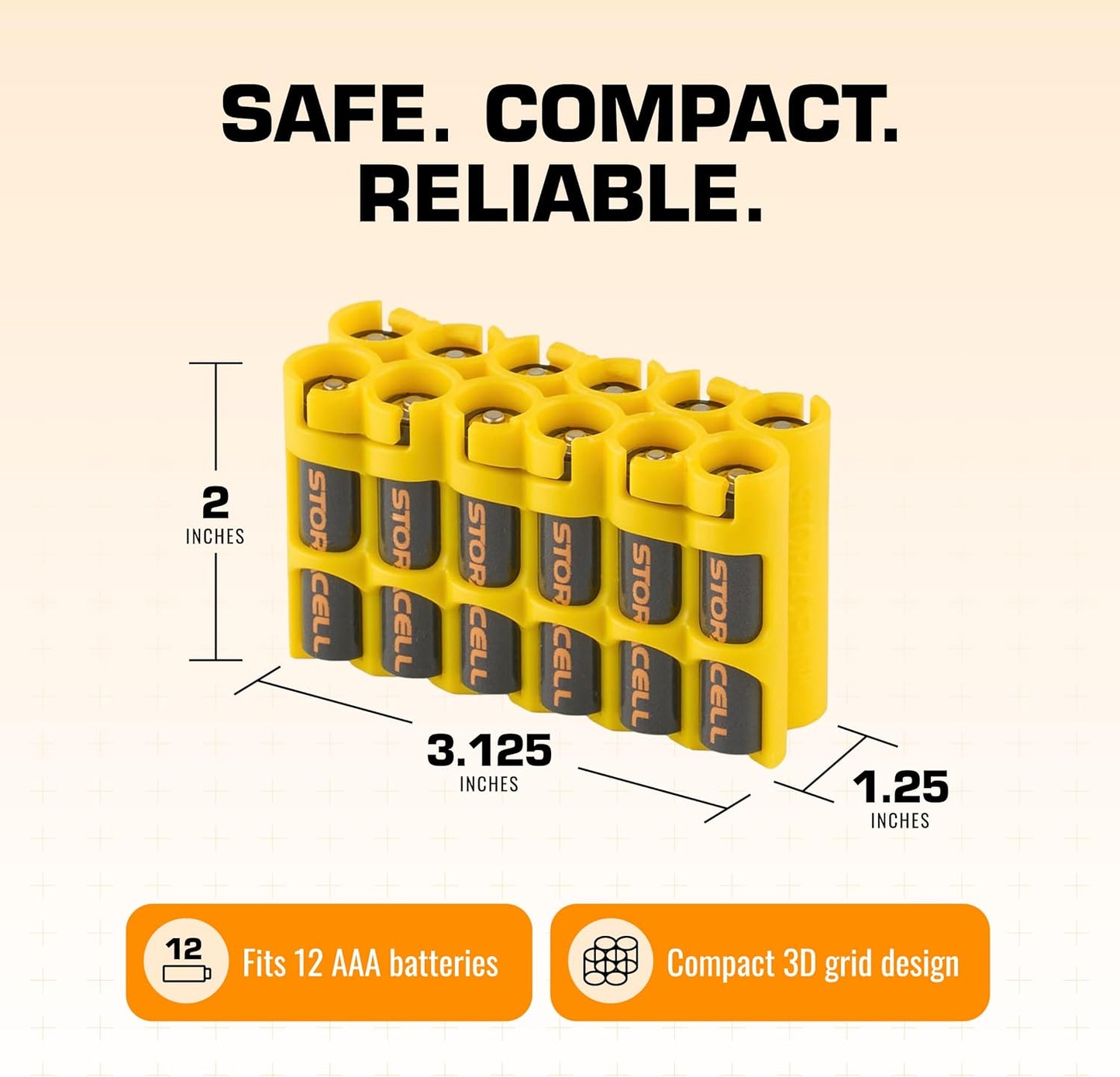 Storacell AAA-12 Battery Storage Caddy and Dispenser (Pack of 2), Yellow, Holds 12 AAA Batteries (Not Included), Durable & Compact Design, The Original Battery Caddy, Made in The USA