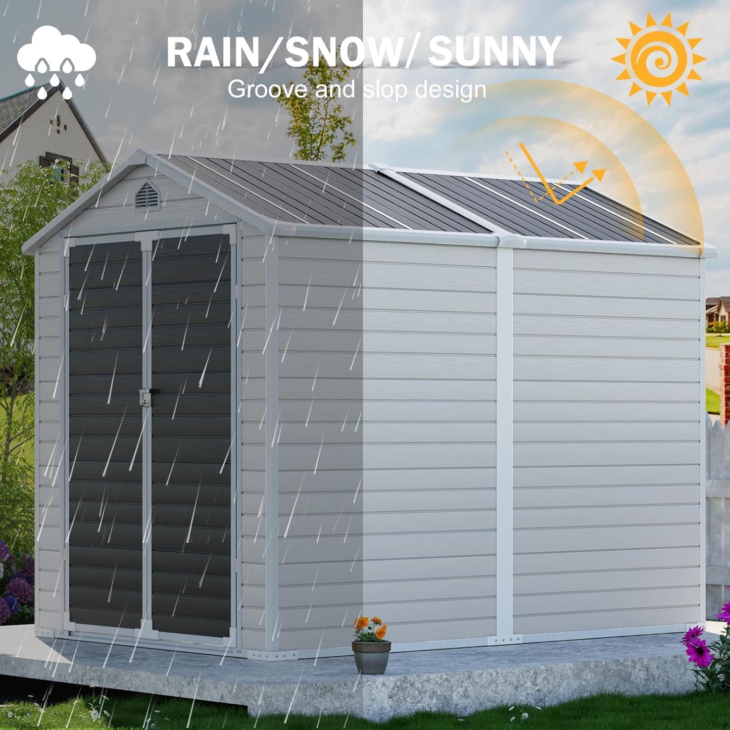 CDCASA 8x6 FT Resin Storage Shed, Large Waterproof Outdoor Sheds with Floor & Lockable Door & Vents, Outside Plastic Tool Shed for Backyard, Patio, Poolside, Cabinet