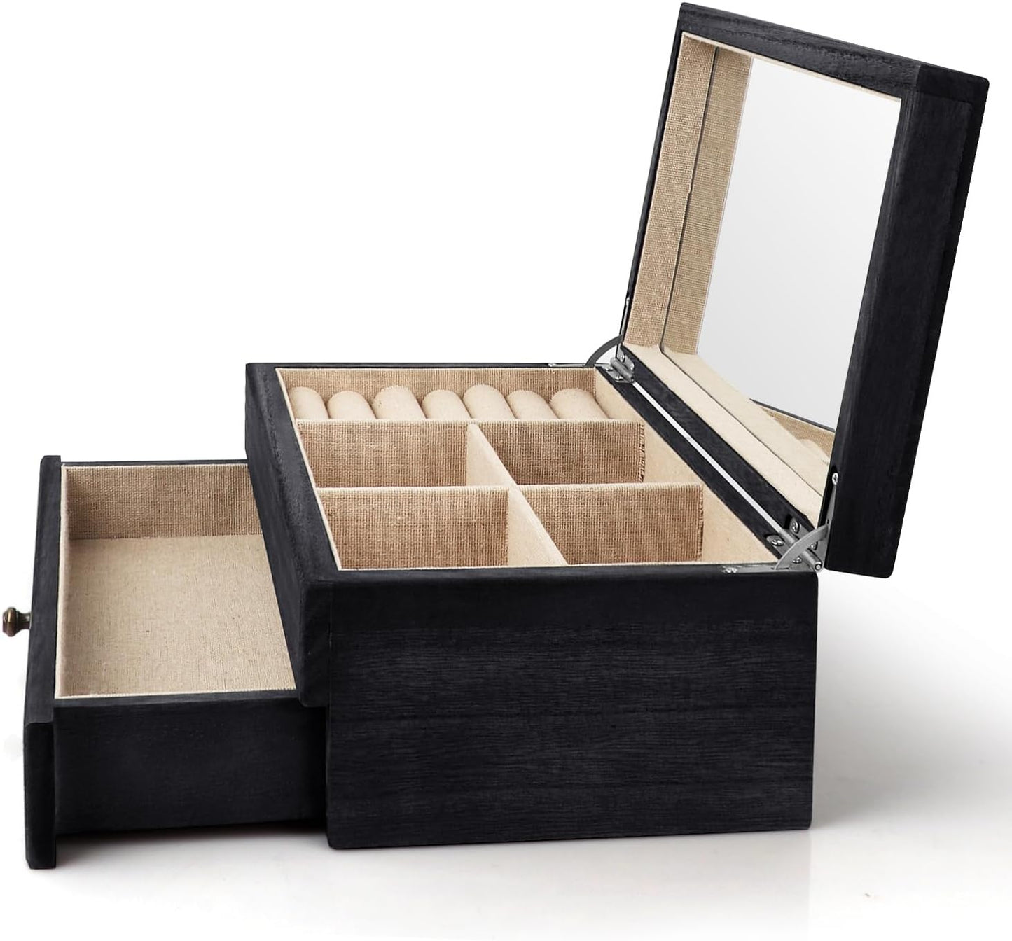 Meangood Jewelry Box Organizer for Women, 2 Layer Large Jewelry Storage Case, Rustic Wooden Jewelry Box with Mirror & Ring Tray for Necklace Earring Bracelets Rings, Vintage Style (Black)