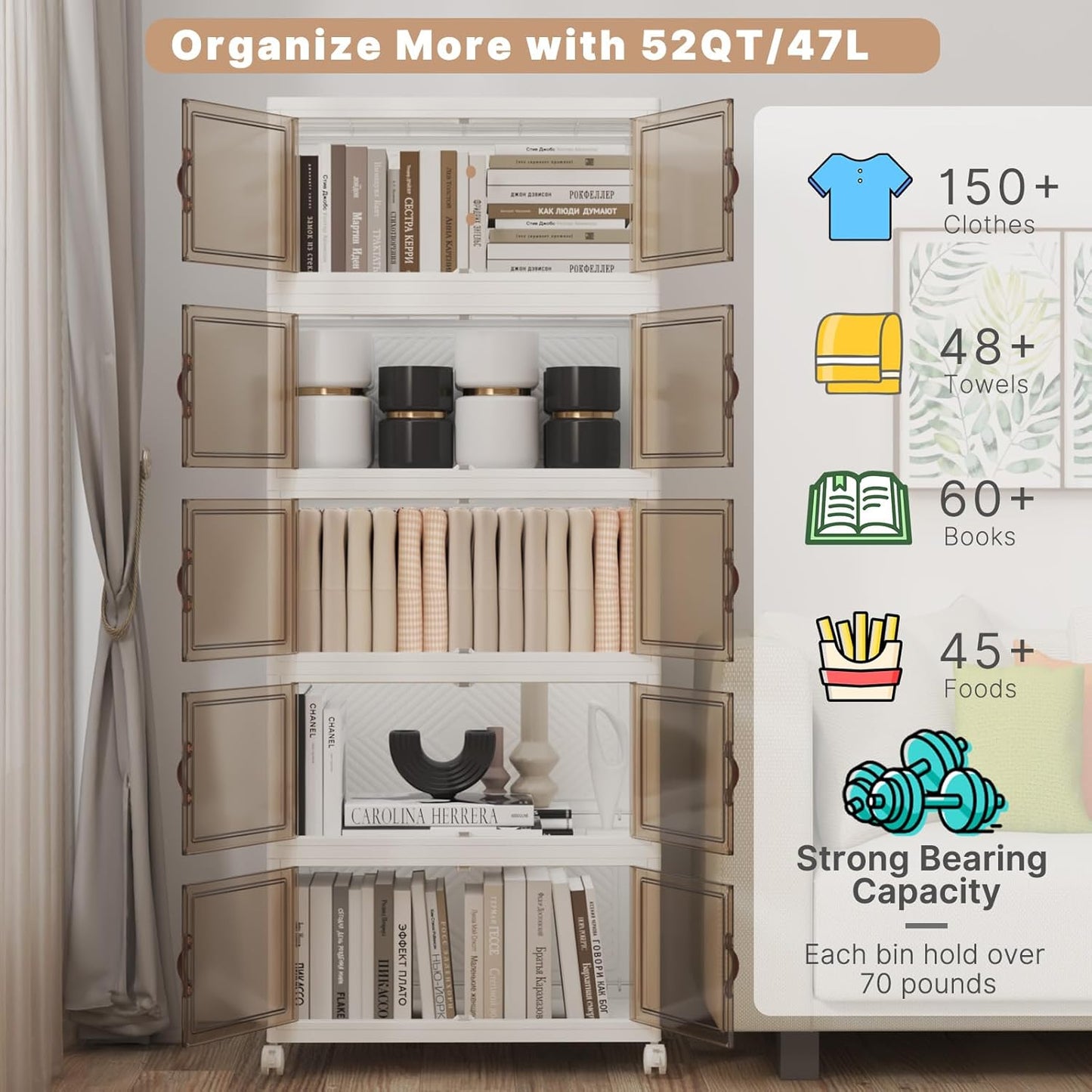 Extra Large Stackable Storage Bins with Lids & Wheels, Foldable Collapsible Closet Organizers Storage Cabinet with Doors for Bedroom Dorm (White, 275QT-55QT/14GAL*5Pack)