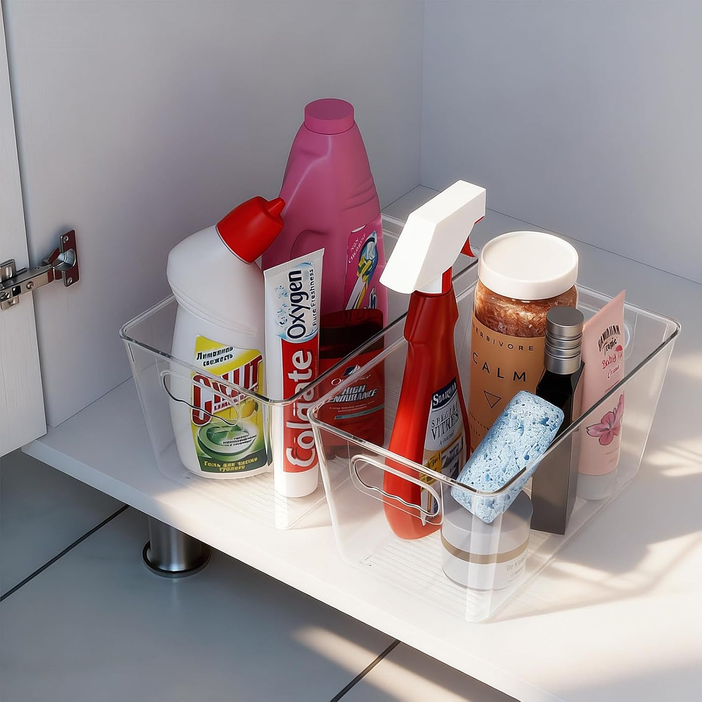 Clear Pantry Organizer Bins, Plastic Organizers & Storage Containers, Cabinet Organizer, Home Organization Must Haves for Kitchen, Laundry Room, Office, Closet & Freezer (4 Pack)