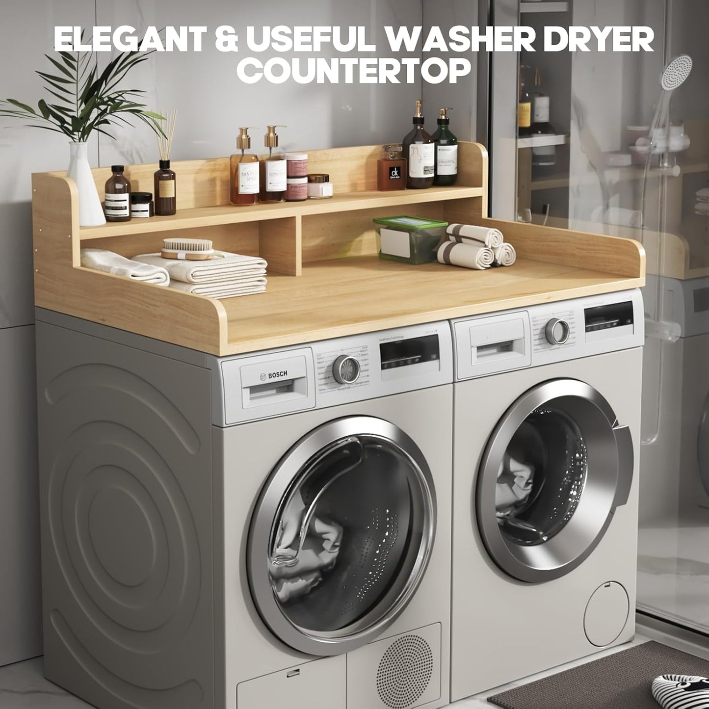 2-Tier Washer and Dryer Countertop with 2.75" H Guard,54" W x 27.5" D Laundry Countertop Cover with Non-Slip Pad,Large Space Laundry Topper for Folding Clothes Over Washer-Pure Wood Color