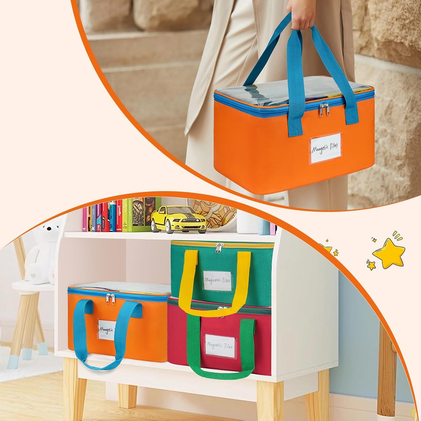 3 Packs Large Magnetic Tiles Storage Bags,Magnetic Tiles Storage Bin,Toy Organizer Case with Mesh Pocket and Tag Pocket for Magnet Building Tiles,Board Game,Puzzle and Lego Bricks