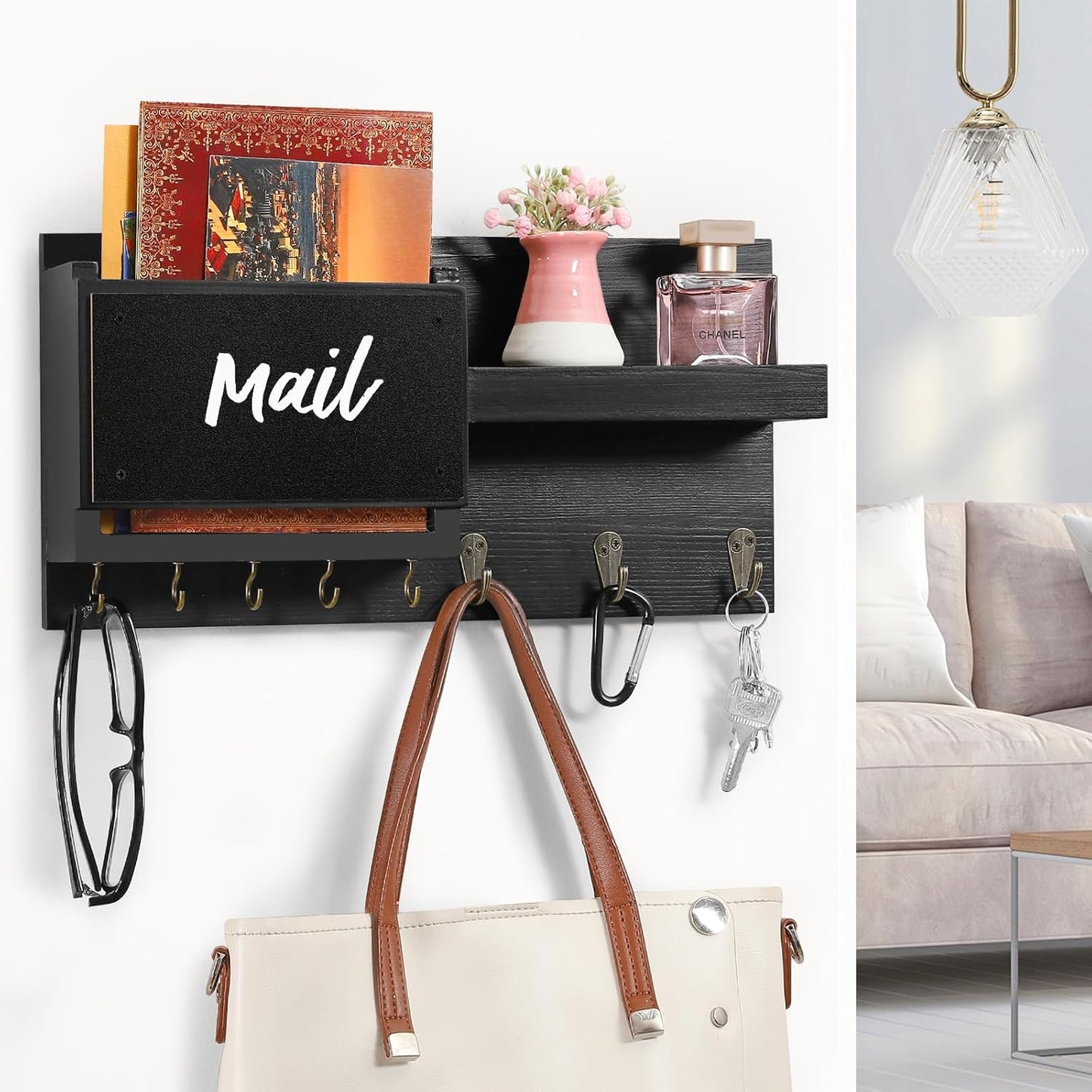 Decorative Key Hanging Rack with 8 Hooks – Easy Install Natural Wooden Key and Mail Holder for Wall Mount – Sunglasses Wallet Holder Entryway Decor with Shelf and Chalkboard (Coal Black)