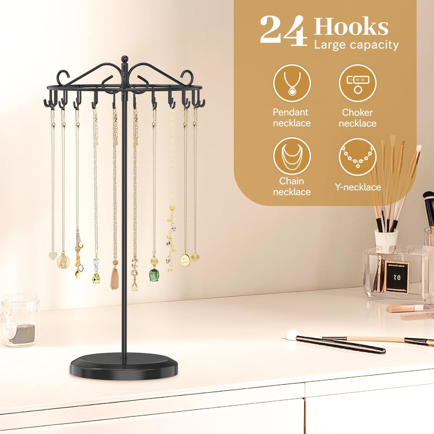 MODOWEY Rotating Necklace Holder Organizer Display Stand with 24 Hooks, Metal Spinning Tree for Long Necklace Hanger Selling, Tall Spinning Bracelet Storage Rack for Men Women Dresser, Black