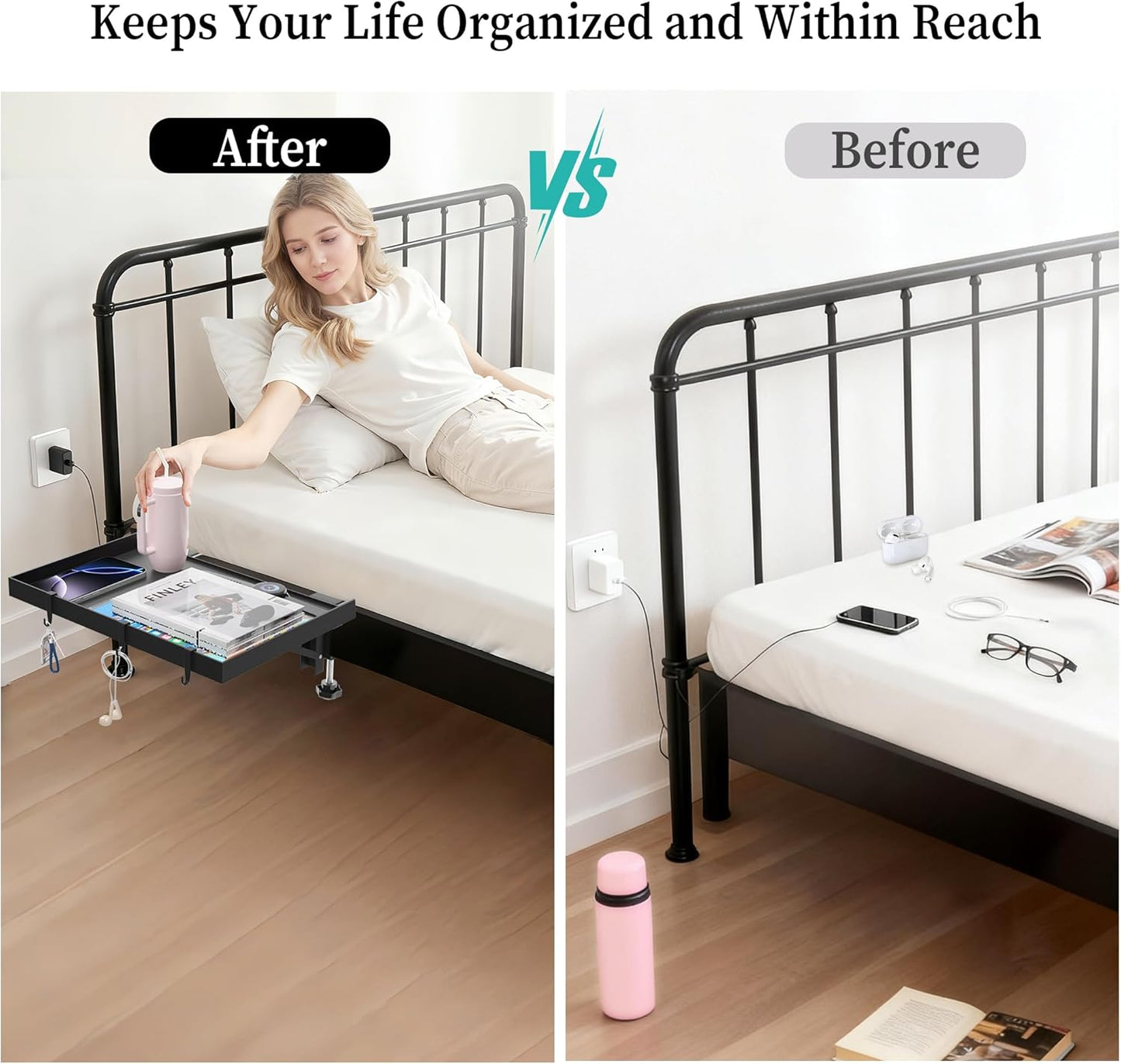 Foldable Bedside Shelf, Metal Clip-On Bed Tray Table for Bunk Bed & Dorm Beds, Dorm Room Essentials Organizer for College Students, Floating Tray, Space Saving Nightstand for Loft Beds (Black, Large)