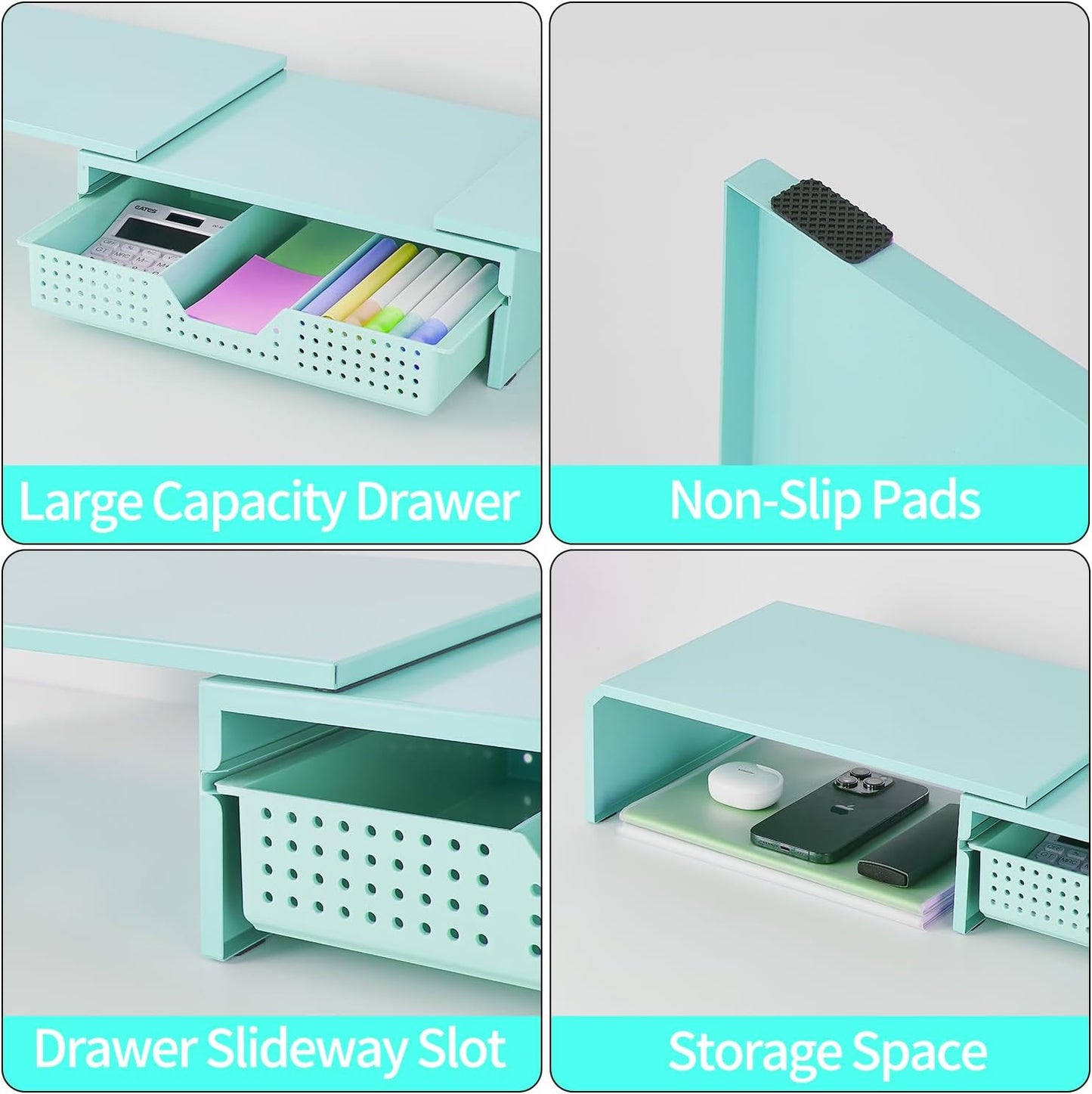 Dual Monitor Stand Riser with Drawer, Desk Organizer and Accessories, Metal Laptop Stand for Desk, Workspace Desktop Stand for Computer, Laptop, TV and More (Sky Blue)
