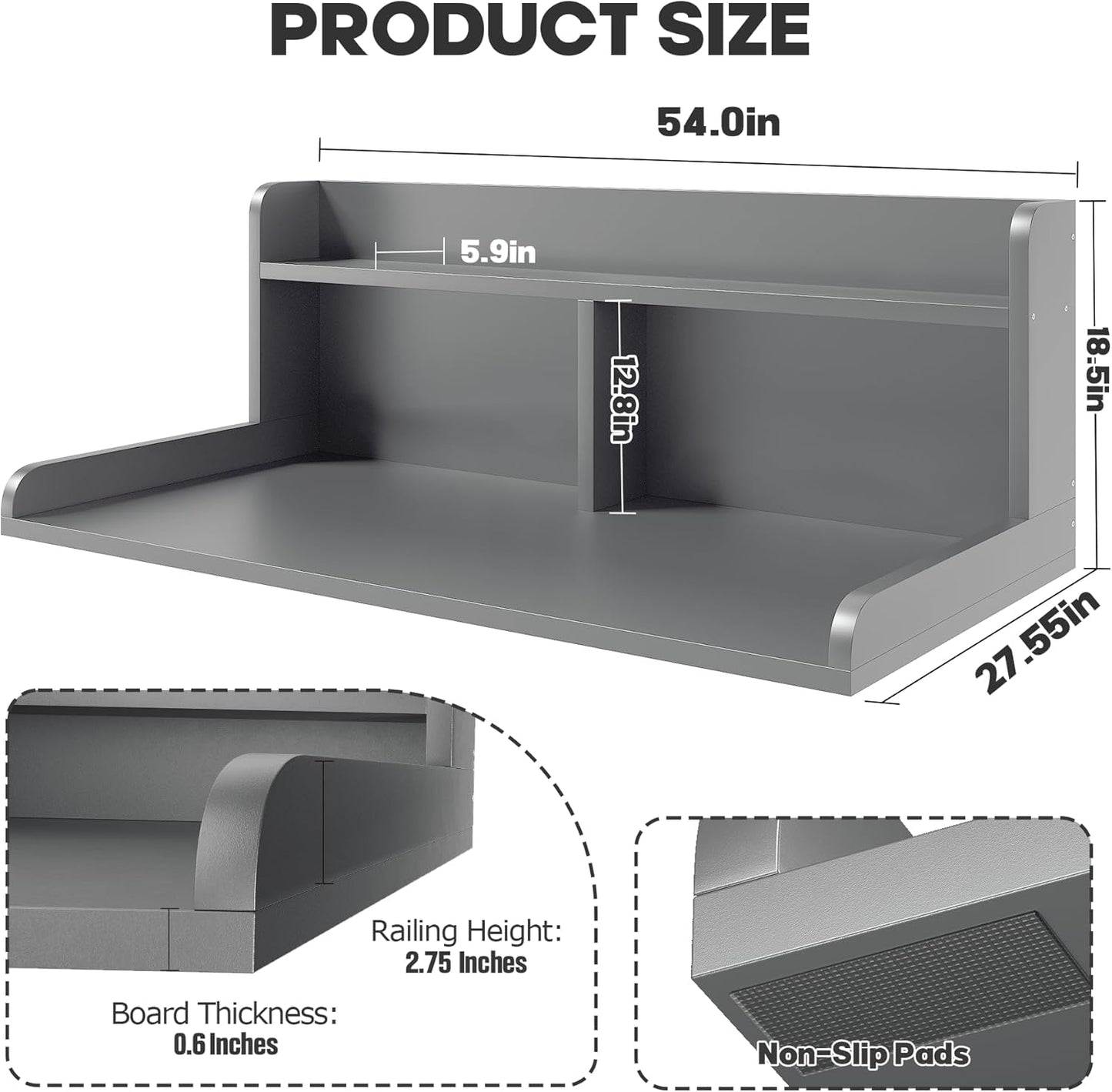 2-Tier Washer Dryer Countertop, 18.5" Raised Height Laundry Countertop with Edge Rails and Non-Slip Pad, 54" W x 27.55" D Washer and Dryer Topper for Laundry Room Storage Organization (Gray)