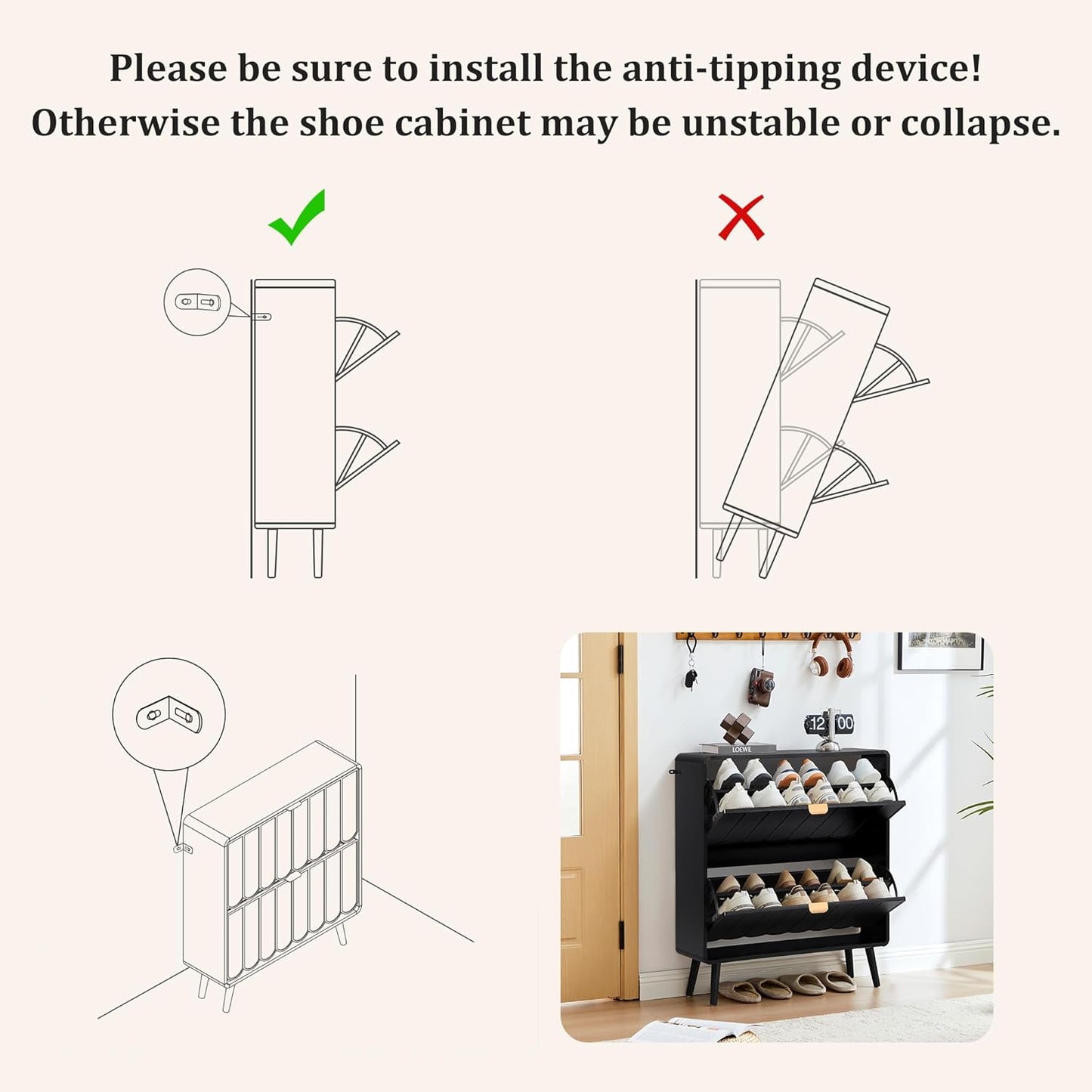 Shoe Storage Cabinet for Entryway with 2 Flip Drawers, Freestanding Narrow Wood Shoe Cabinet with Wave Panel, Hidden Shoe Organizer for Foyer, Hallway (Black)