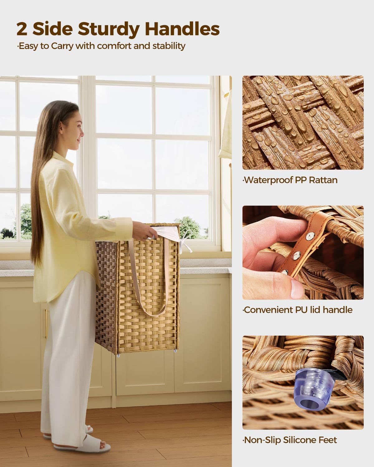 Greenstell Laundry Hamper with Wheels&Lid, 130L Large 3 Sections Clothes Hamper with 2 Types Removable Liner Bags, 5 Mesh Laundry Bags, Handwoven Divided Laundry Basket for Clothes, Natural