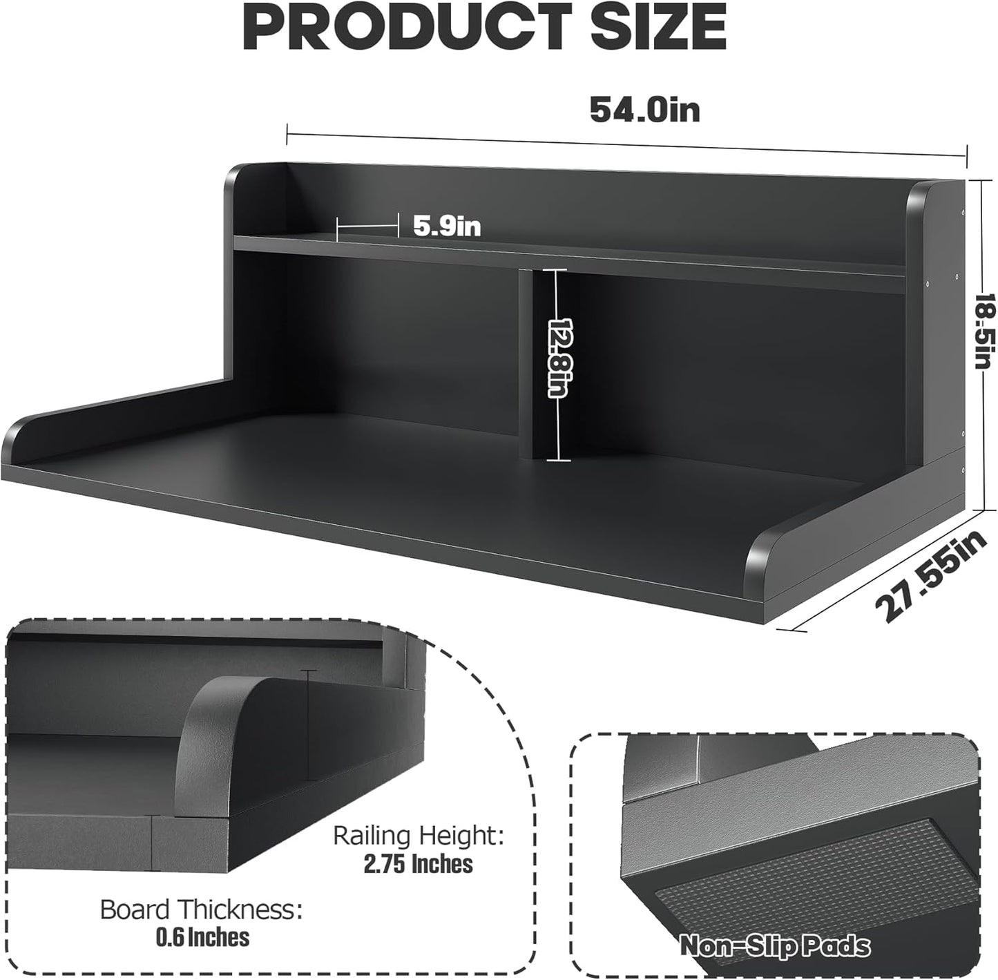 2-Tier Washer Dryer Countertop, 18.5" Raised Height Laundry Countertop with Edge Rails and Non-Slip Pad, 54"W x 27.55"D Washer and Dryer Topper for Laundry Room Storage Organization (Black)