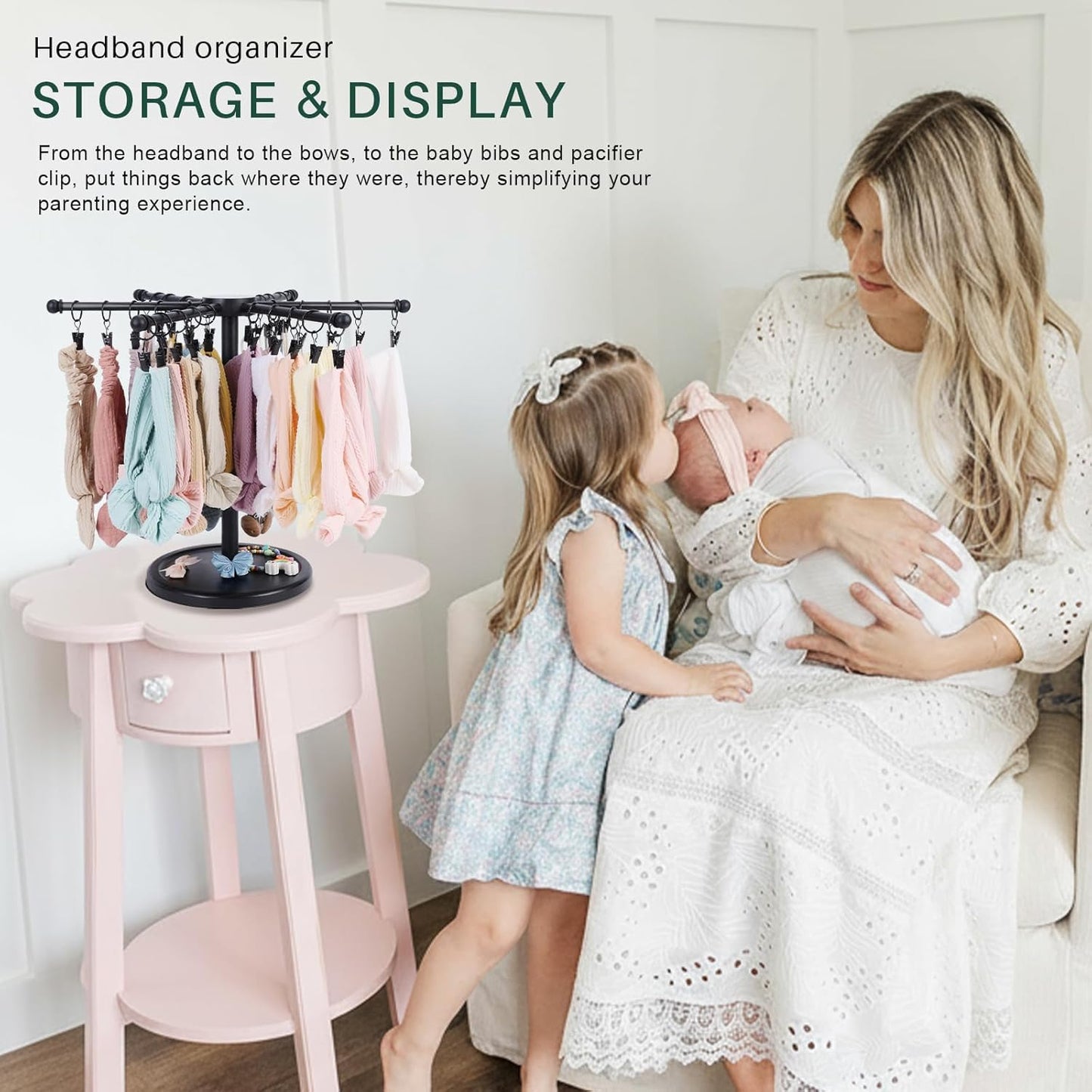 POVETIRE Headband Holder Bow Organizer for Girls, Rotating 360 Hair accessories Organizer Storage Baby Headband Display Stand Hair Bow Rack for Toddler Nursery Decor