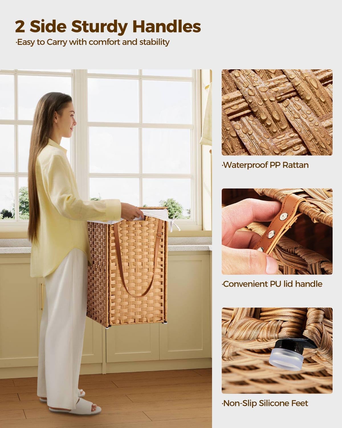 Greenstell Laundry Hamper with Wheels, No Install Needed, 90L Divided Handwoven Hampers & 2 Removable Liner Bags, Synthetic Rattan Clothes Laundry Basket with Lid & Handles, Foldable Hampers Natural