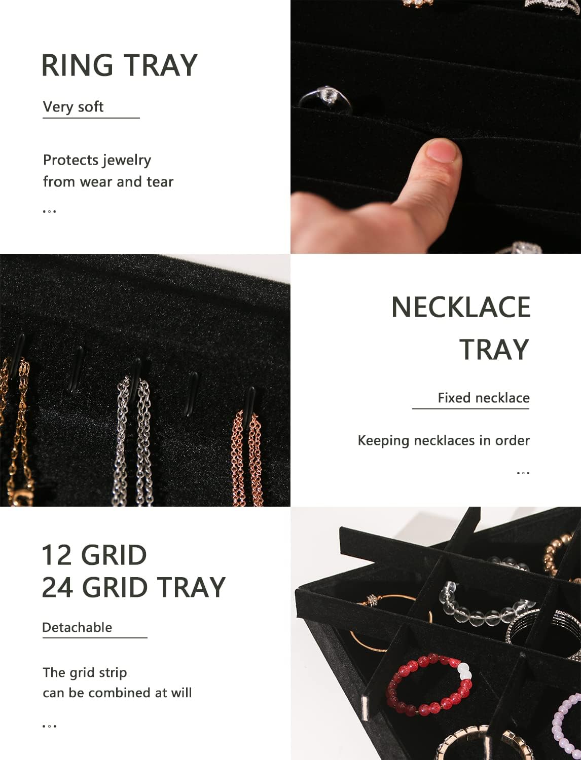 Coward Set of 5 Stackable Jewelry Organizer Tray Necklace Earring Box Storage Ring Bracelet Display Holder (Black(ring+necklace+earring+12grid))