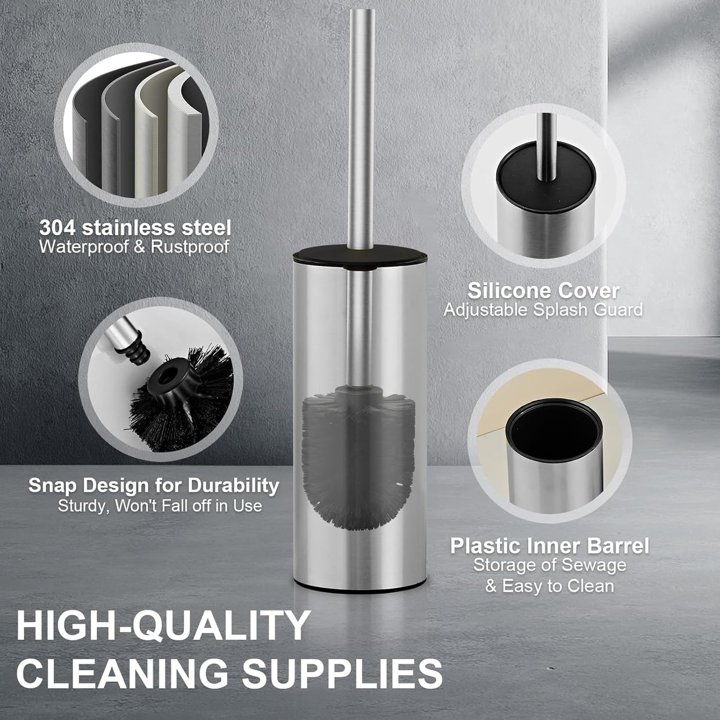 304 Stainless Steel Toilet Brush and Brush Holder Set, Circular Floor Toilet Brush Holder, Long Handle, Bathroom Heavy-Duty Cleaner, High-End Cylinder Wall,2 Brush Head (Brushed) YIGUANXIN