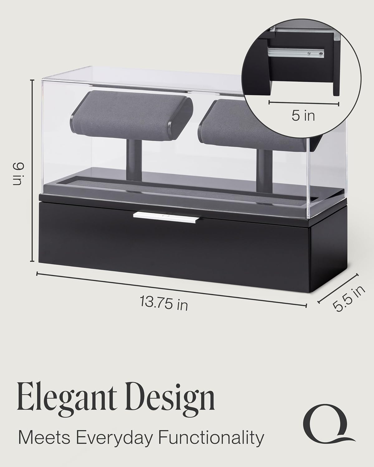 QWATCH Watch Stand Display Case - Acrylic Watch Box for 2 or 4 Watches with Jewelry Valet Tray and Drawer