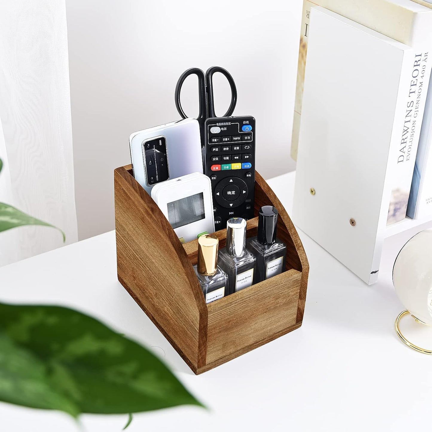 OKSQW Rustic Vintage Wooden Desk Organizer Farmhouse Wood Remote Control Caddy, 3 Slot Tabletop Desktop Office Supply Storage Rack Desktop TV Remote Control Holder Home Decor Office Supplies Storage