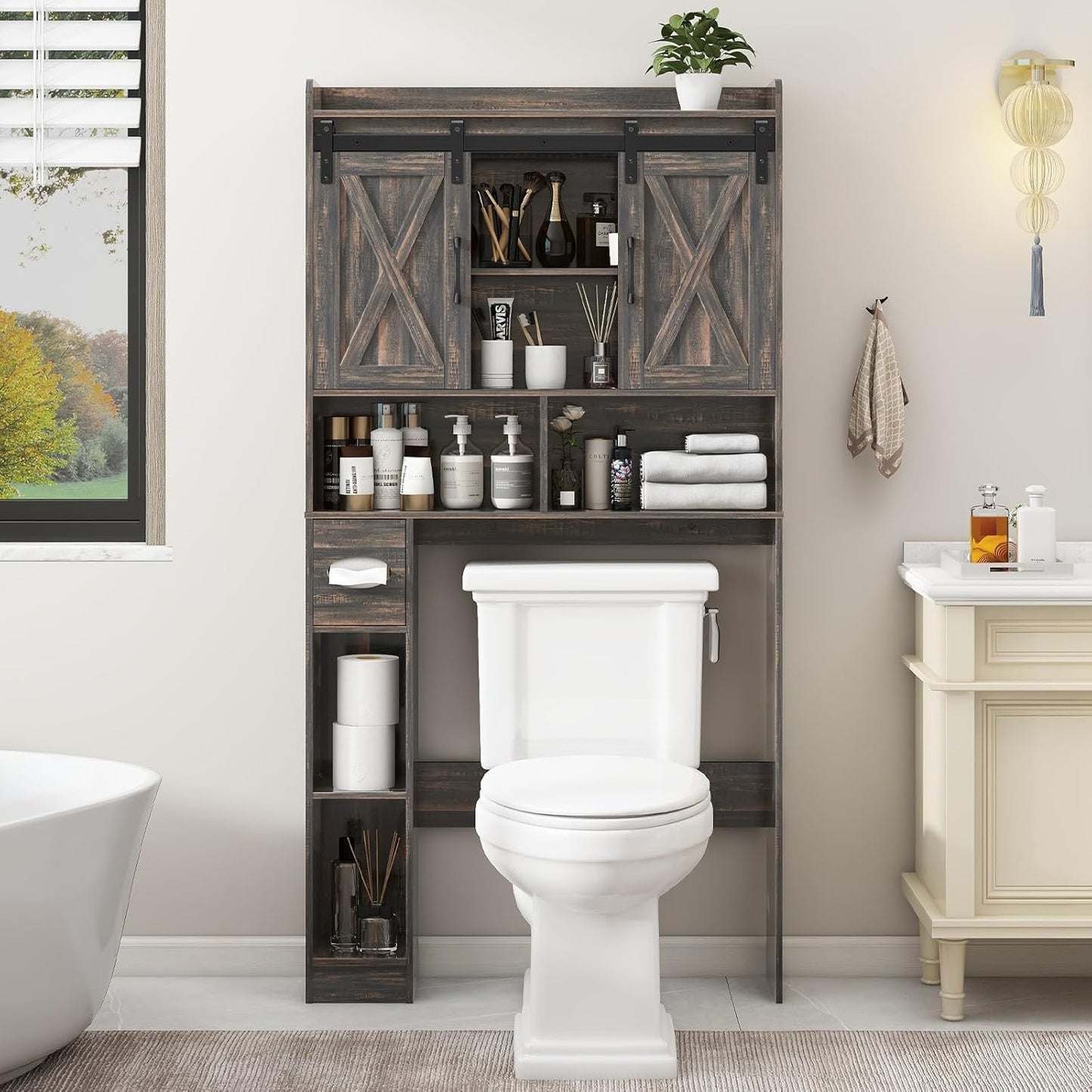 Vabches Over The Toilet Storage Cabinet, Farmhouse Storage Cabinet Over Toilet with Sliding Door& Toilet Paper Holder Stand,Home Space-Saving Toilet Rack, for Bathroom, Laundry and Restroom