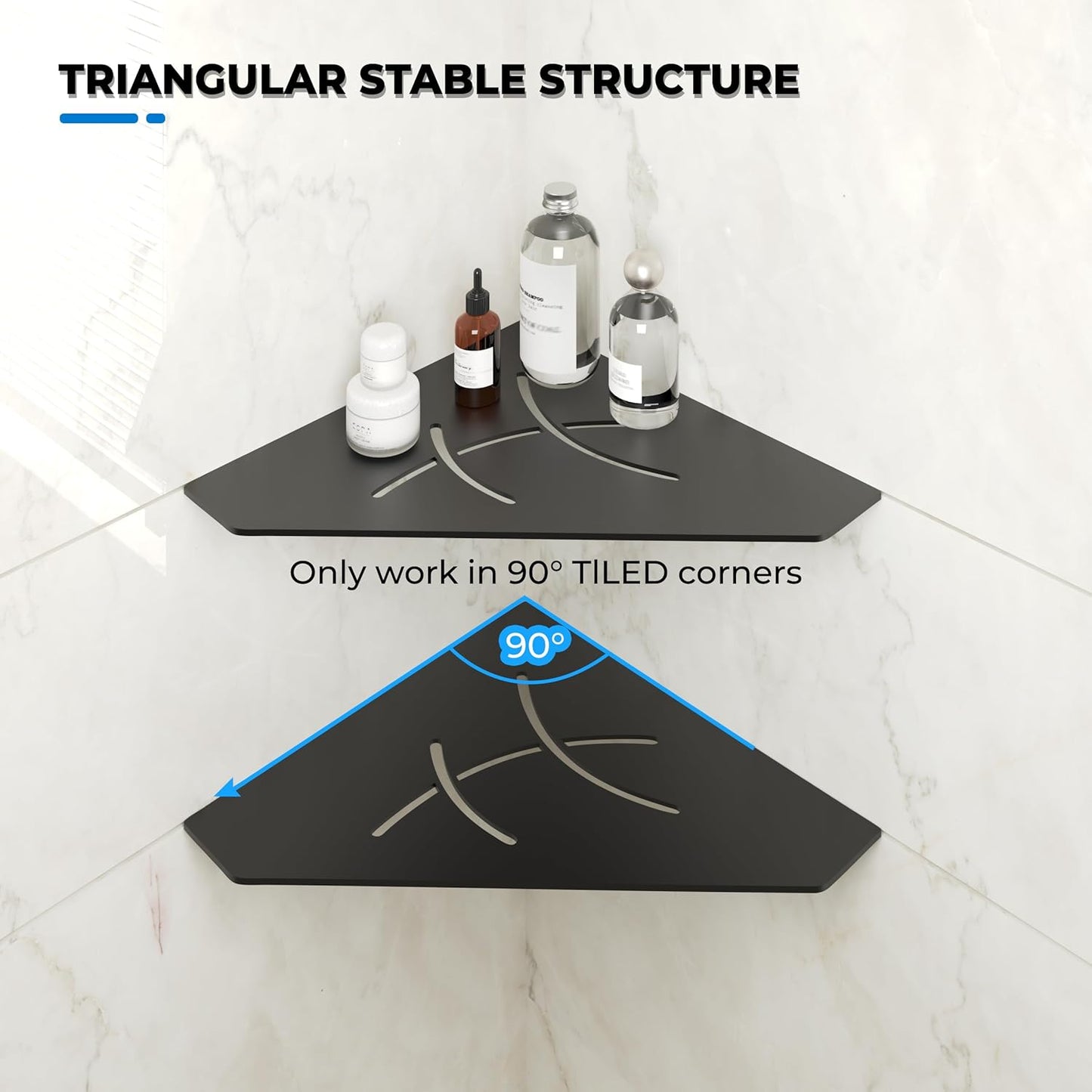 FerdY 2-Pack 10" Matte Black Recessed Corner Shower Shelf, for Tiled Bathroom Walls, Floating Shower Shelf, 304 Stainless Steel Shower Caddy Storage Shelves, No Drilling Required, Irregular Diamond