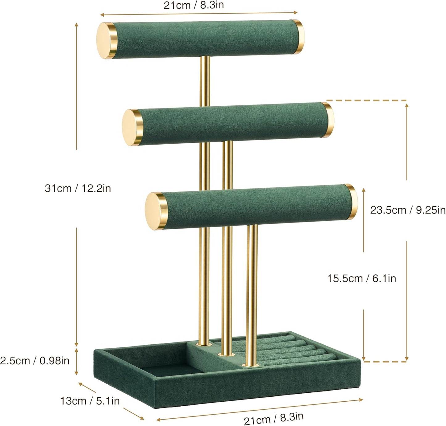 3 Tier Bracelet Holder Display - Detachable T Bar Dark Green Velvet Bracelet Holder, Jewelry Holder Organizer for Bracelet, Necklace, Watches, Rings
