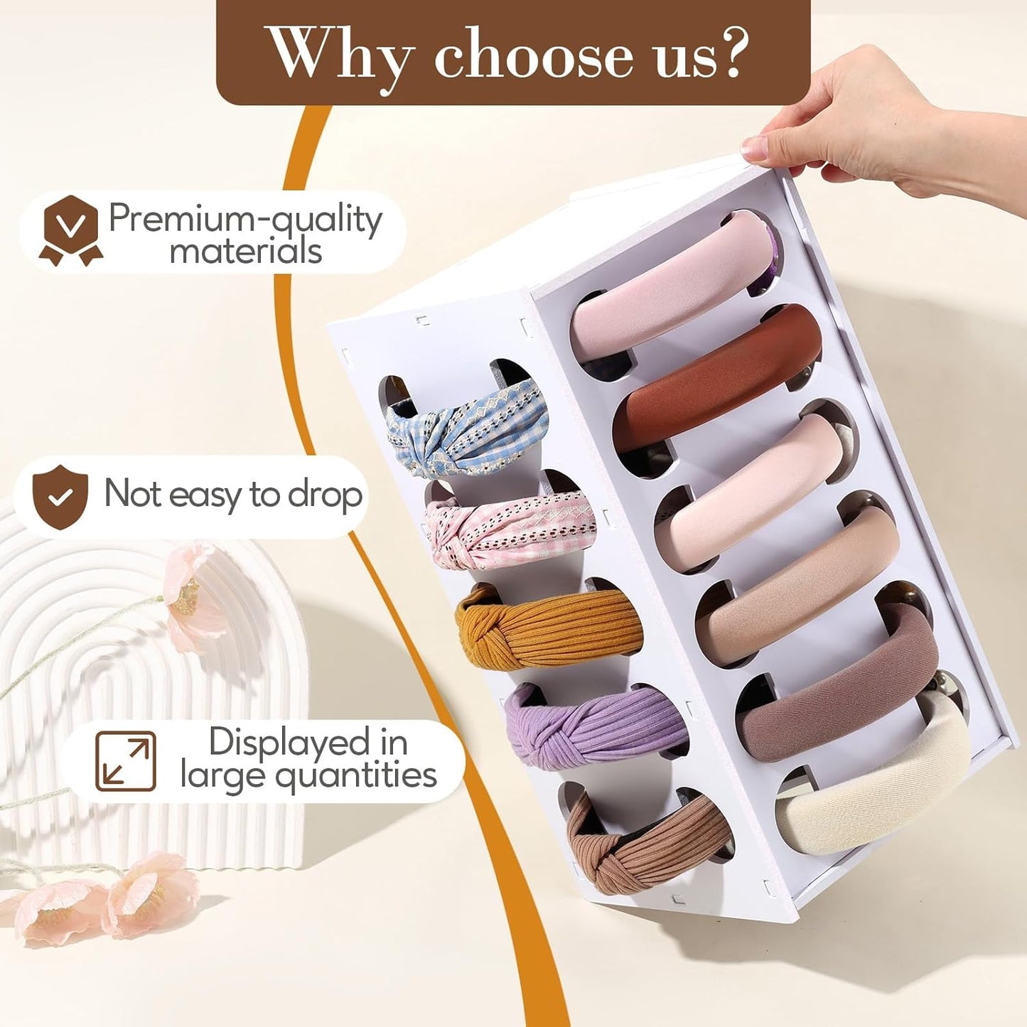 Headband Holder Organizer for Girls, Rotating Headband Storage for Women,White Hairband Display Stand, Hair Hoop Rack Holder for Vanity,Dresser,or Bathroom Decor