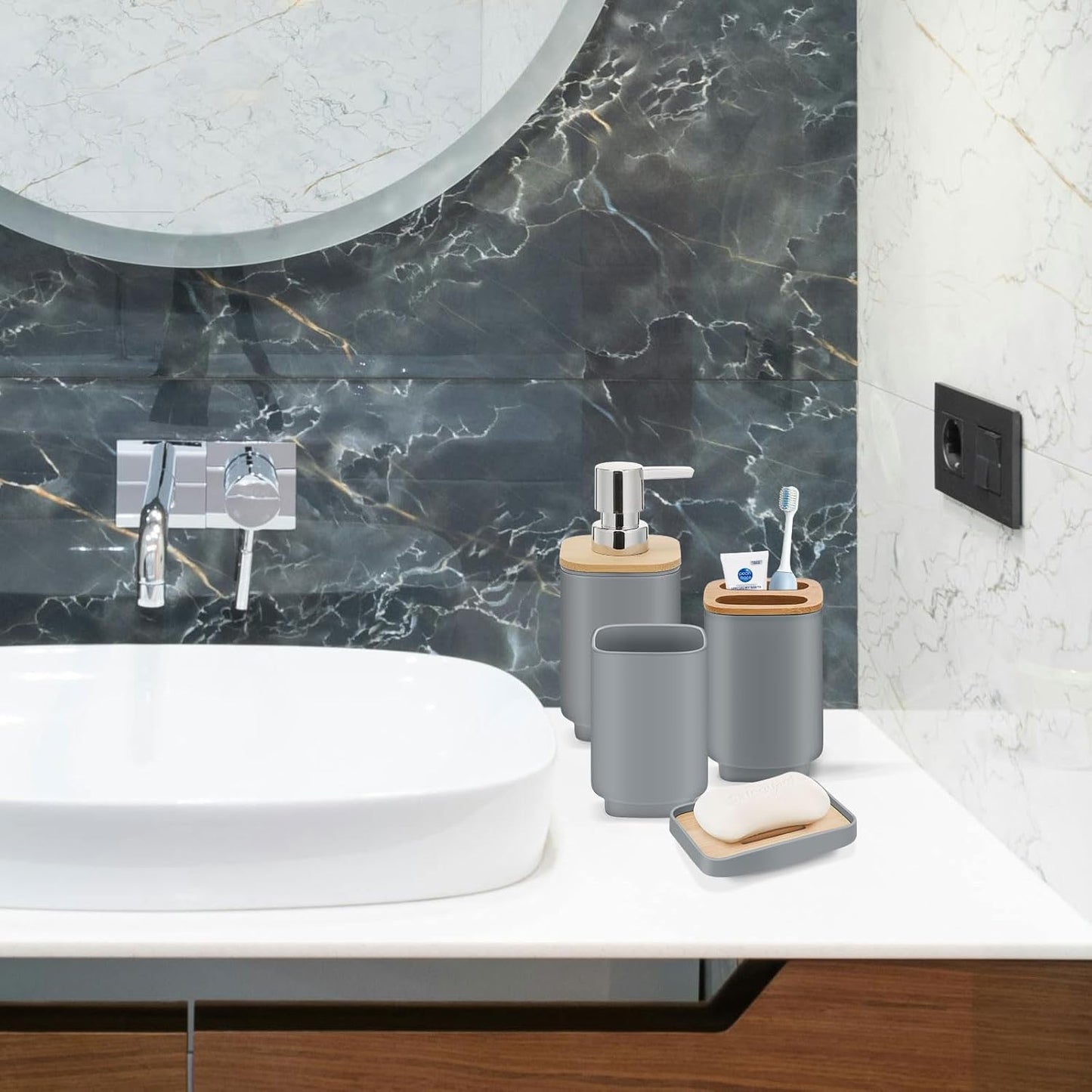 IMAVO Bathroom Accessories Set,Grey Bathroom Set,11 Pieces Bathroom Accessory Set,Trash Can for Bathroom Accessories Décor and Housewarming Gifts