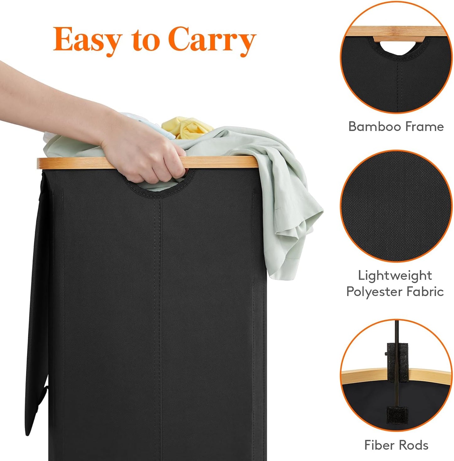 Lifewit 150L Laundry Basket with Lid, Clothes Hampers with Bamboo Handles and 2 Removable Bags, Large Foldable Laundry Hamper for Bedroom, Bathroom, Dorm, Black