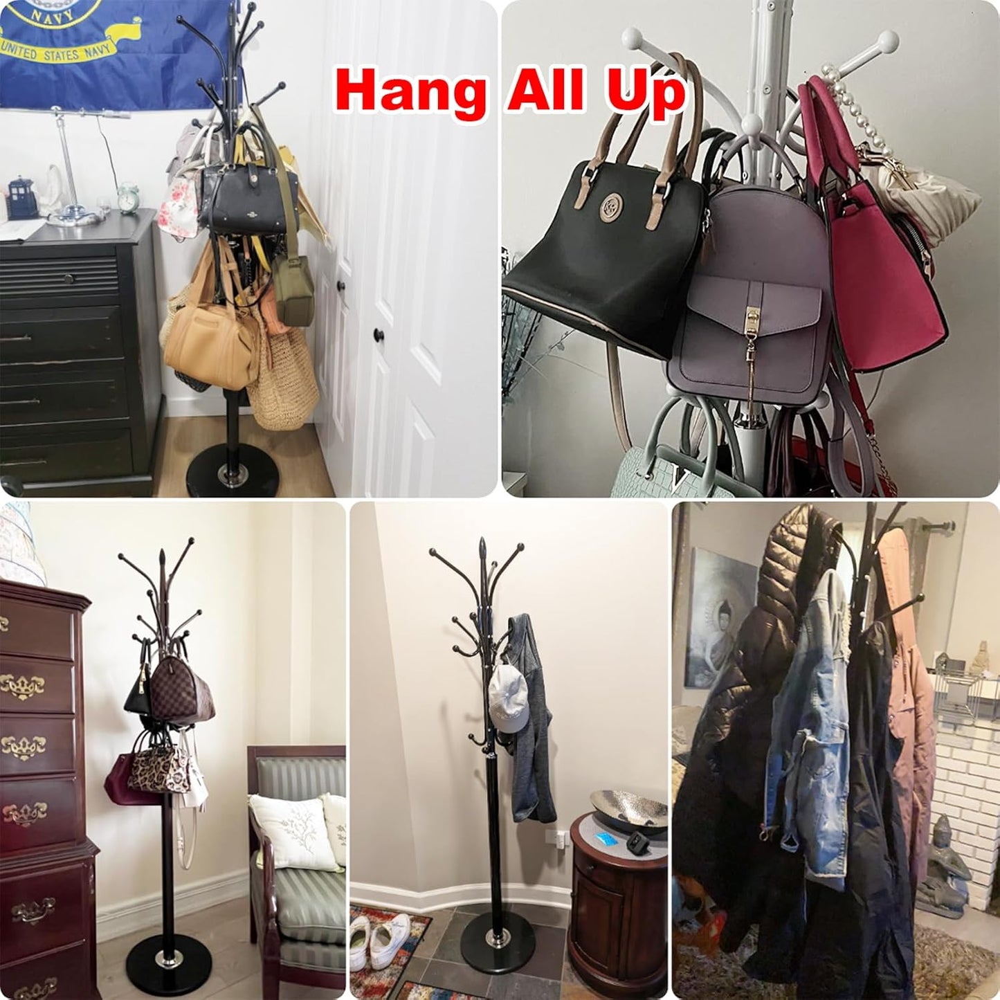 Kertnic Metal Coat Rack Stand with Natural Marble Base, Free Standing Hall Tree with 12 Hooks for Hanging Scarf, Bag, Jacket, Home Entry-way Hat Hanger Organizer (Black)