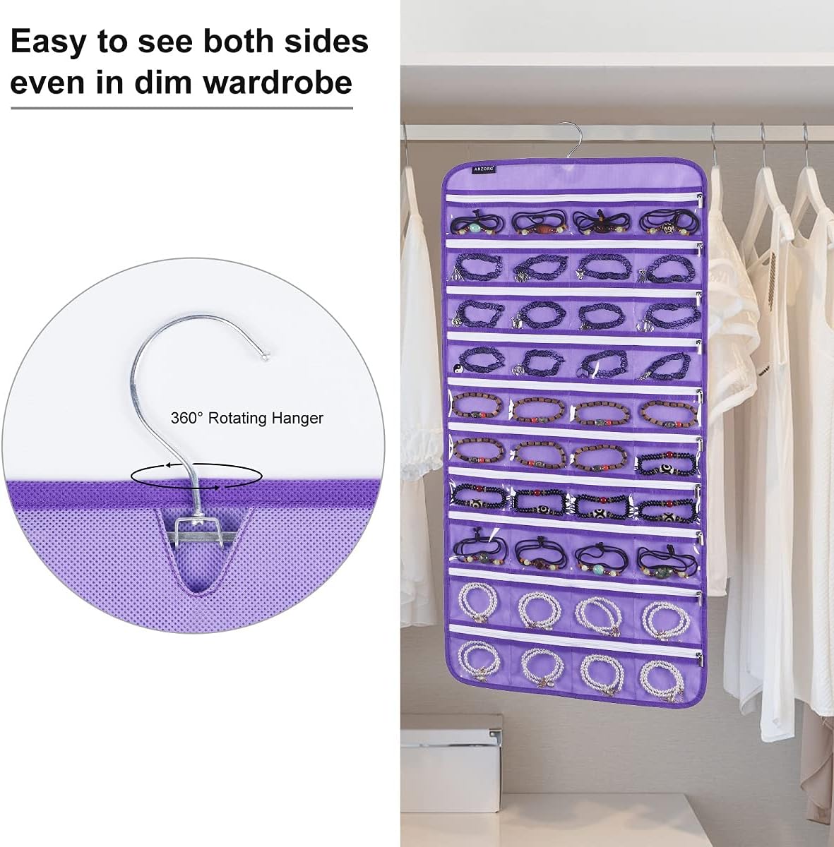 Dualsided Hanging Jewelry Organizer with 40 Zippered Pockets and 20 Hook Loops Necklace Holder Jewelries Organizer for Earrings Bracelets Rings with 360 Degree Rotating Hanger (40 Zippered