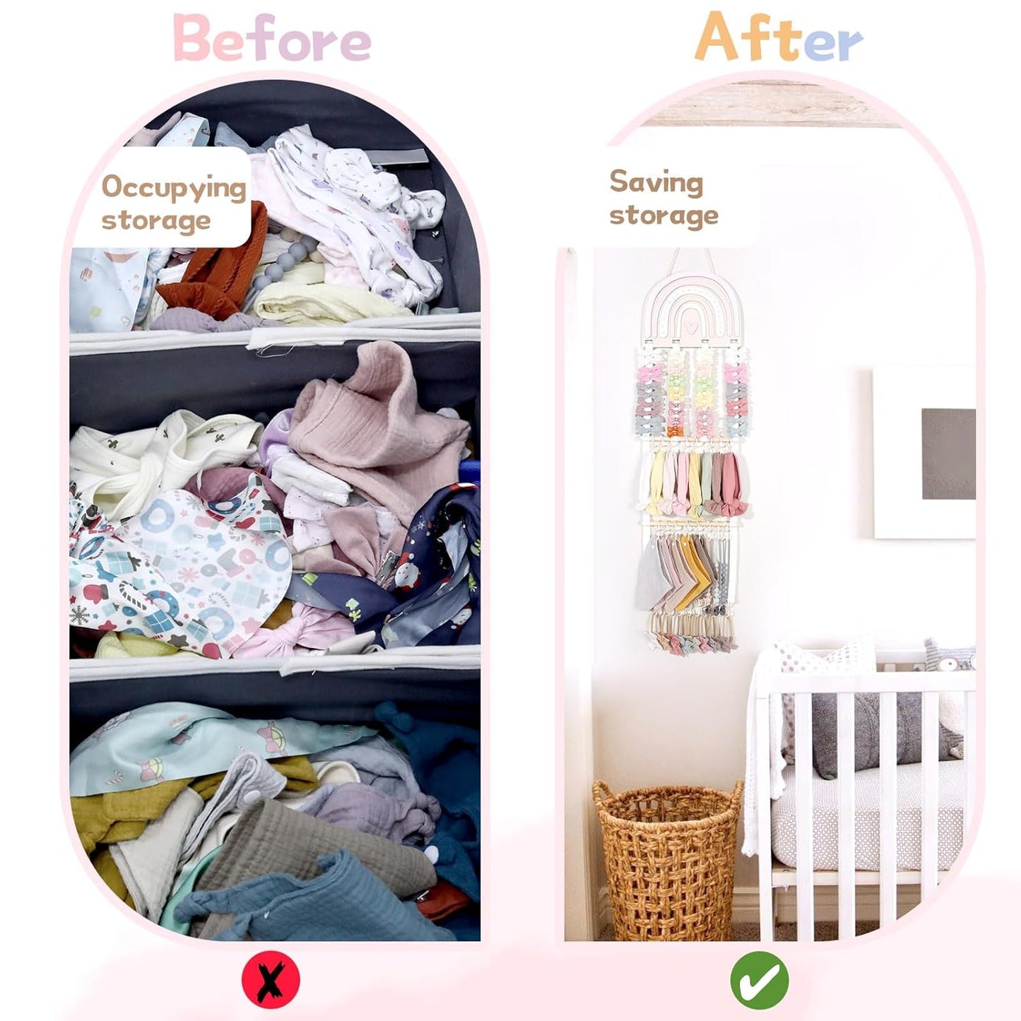 POVETIRE Headband Holder Bow Holder for Girls Hair Bows,Rainbow Hair Accessories Organizer Storage Wall Hanging Display for Nursery Toddler Girls Room (Pink-Rainbow-2)